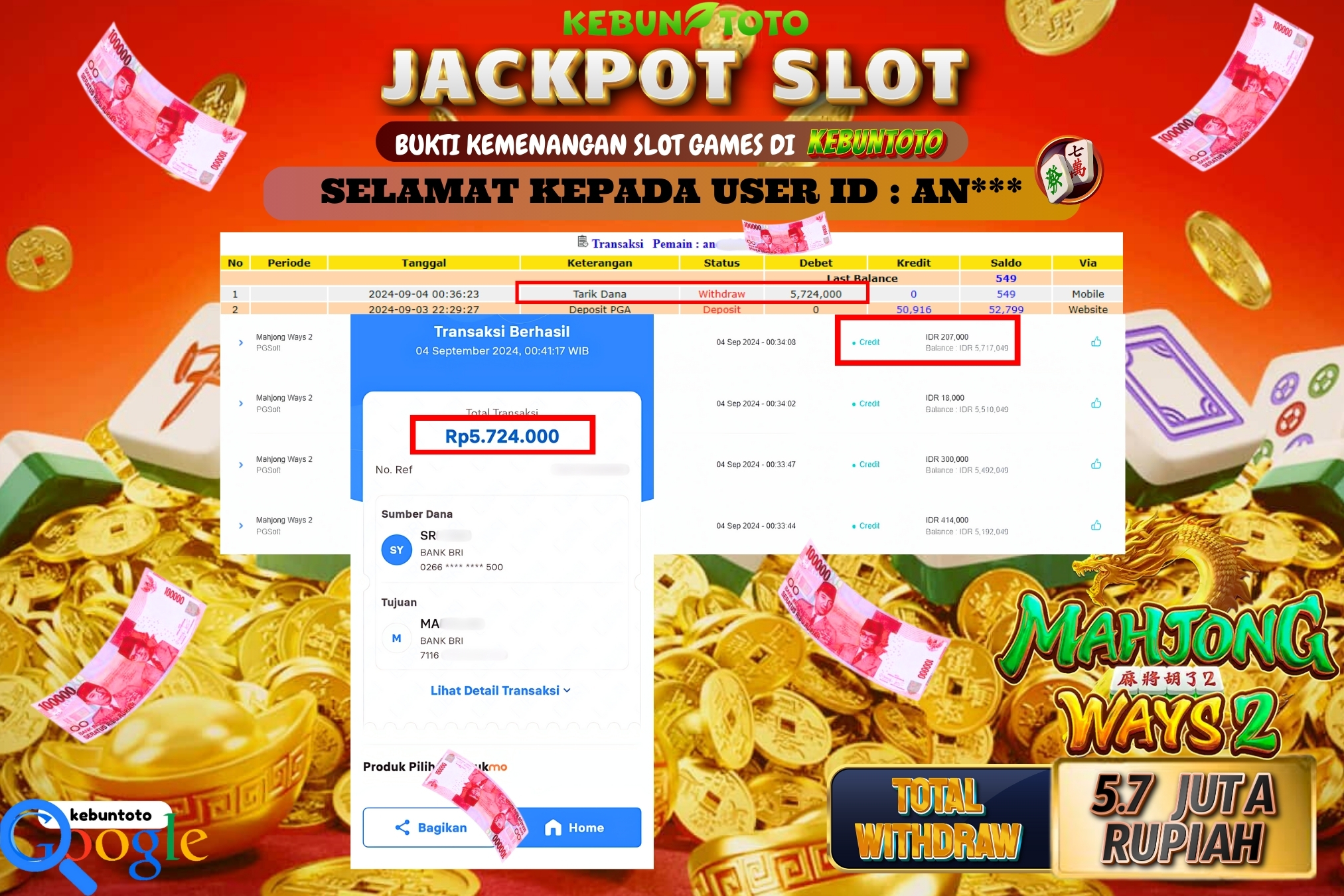 KEBUNTOTO JACKPOT SLOT MAHJONG WAYS 2 Rp.5.724.000,- LUNAS