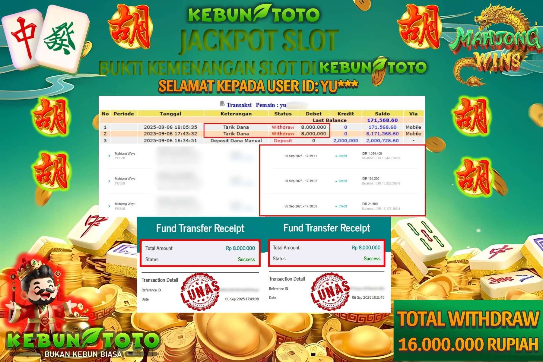 Bukti Kemenangan Rp 16.000.000 SLOT MAHJONG WAYS di KEBUNTOTO!