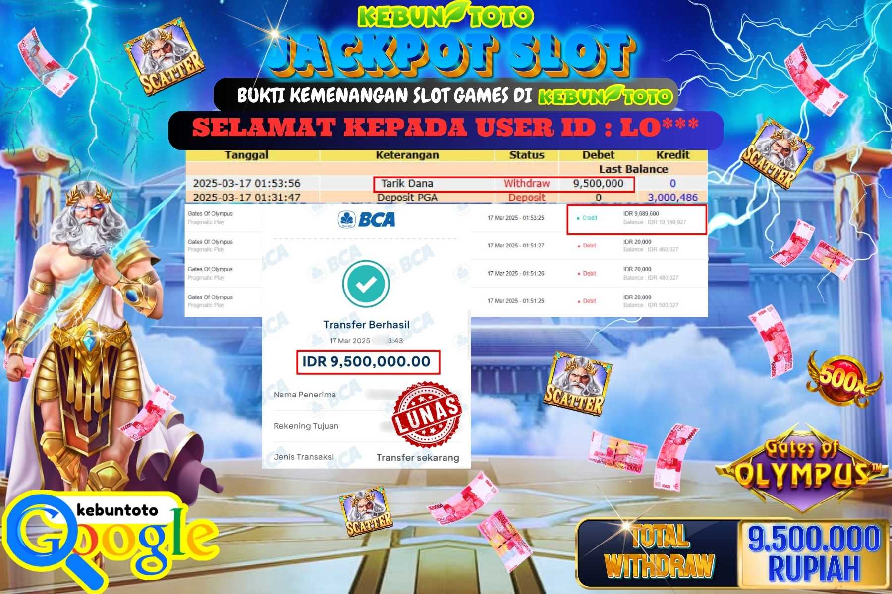 KEBUNTOTO JACKPOT, SLOT GATES OF OLYMPUS Sebesar Rp 9.500.000,- LUNAS