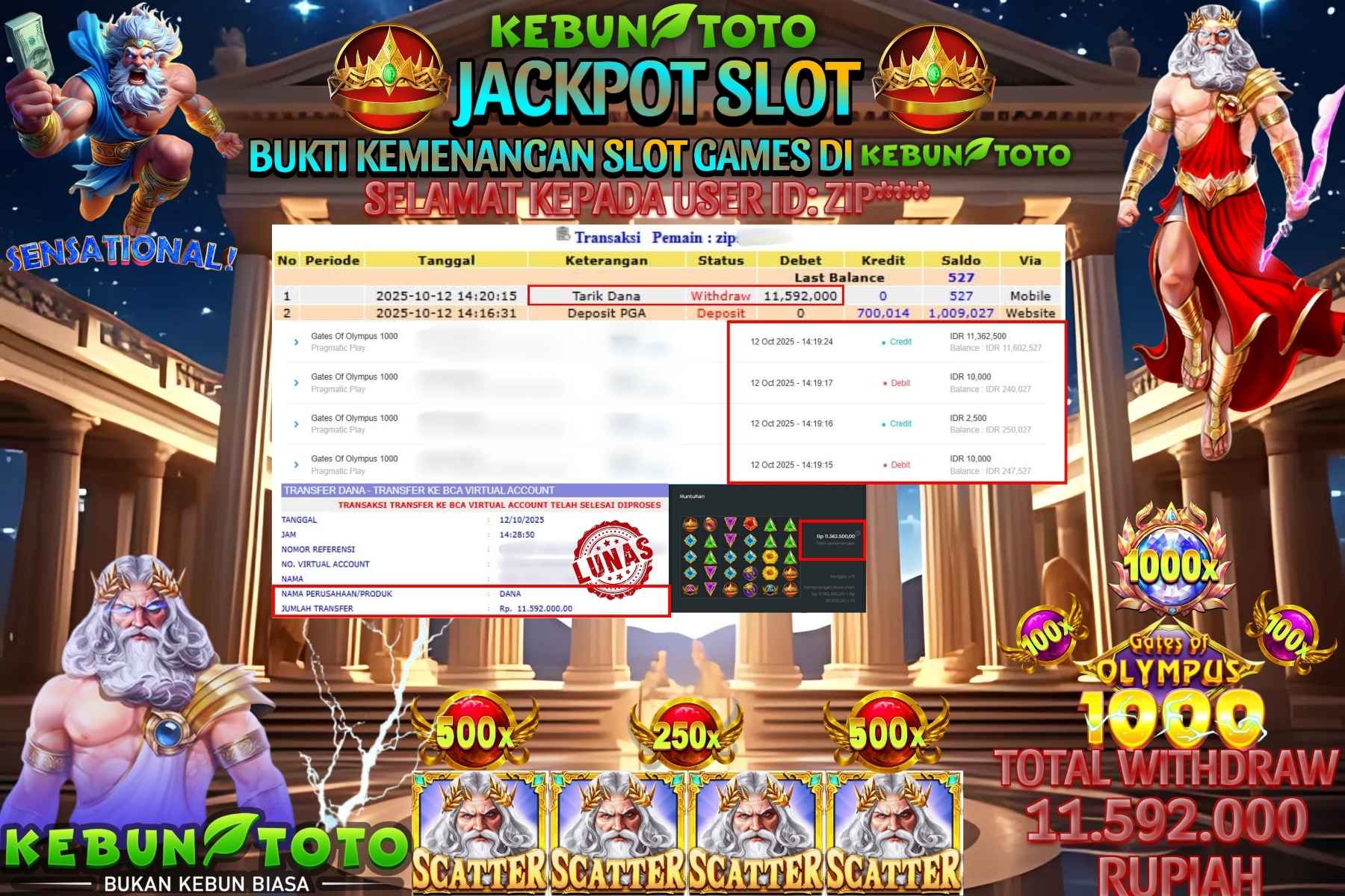 Bukti Kemenangan Rp 11.592.000 SLOT GATES OF OLYMPUS 1000 di KEBUNTOTO!