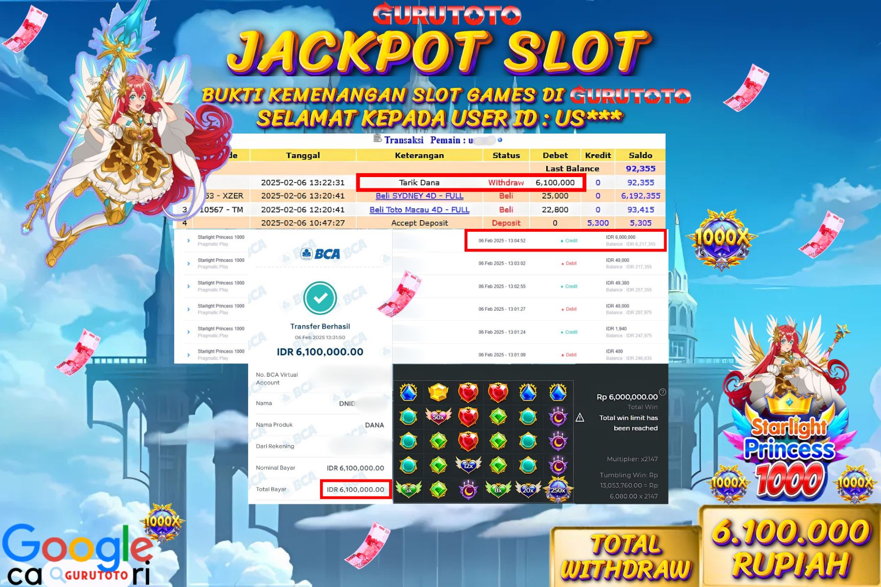 Jackpot Slot Starlight Princess 1000 di Gurutoto sebesar Rp..6.100.000 dibayar lunas.