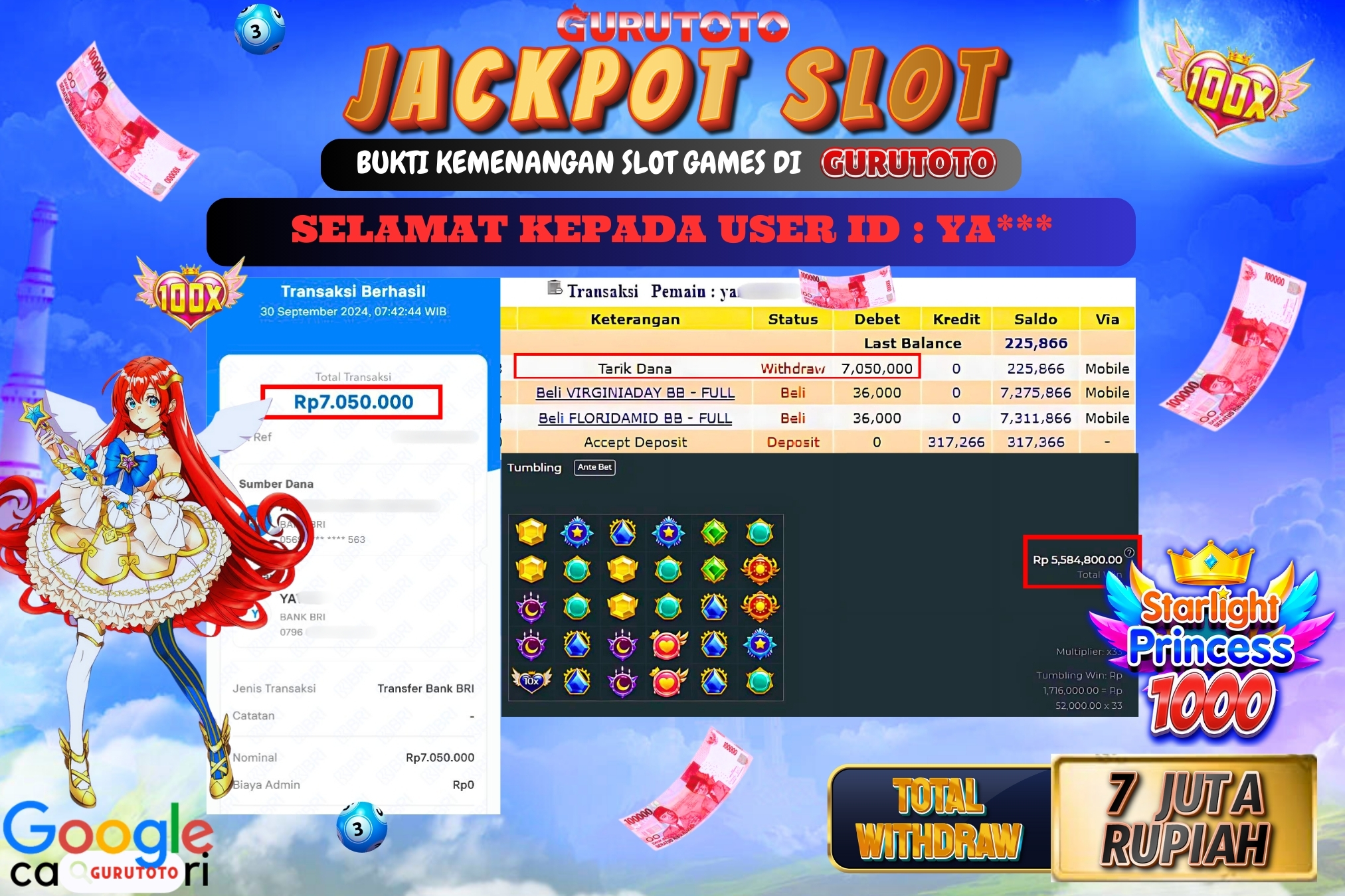 Jackpot Slot Starlight Princess 1000 di Gurutoto sebesar Rp.7.000.000 dibayar lunas.
