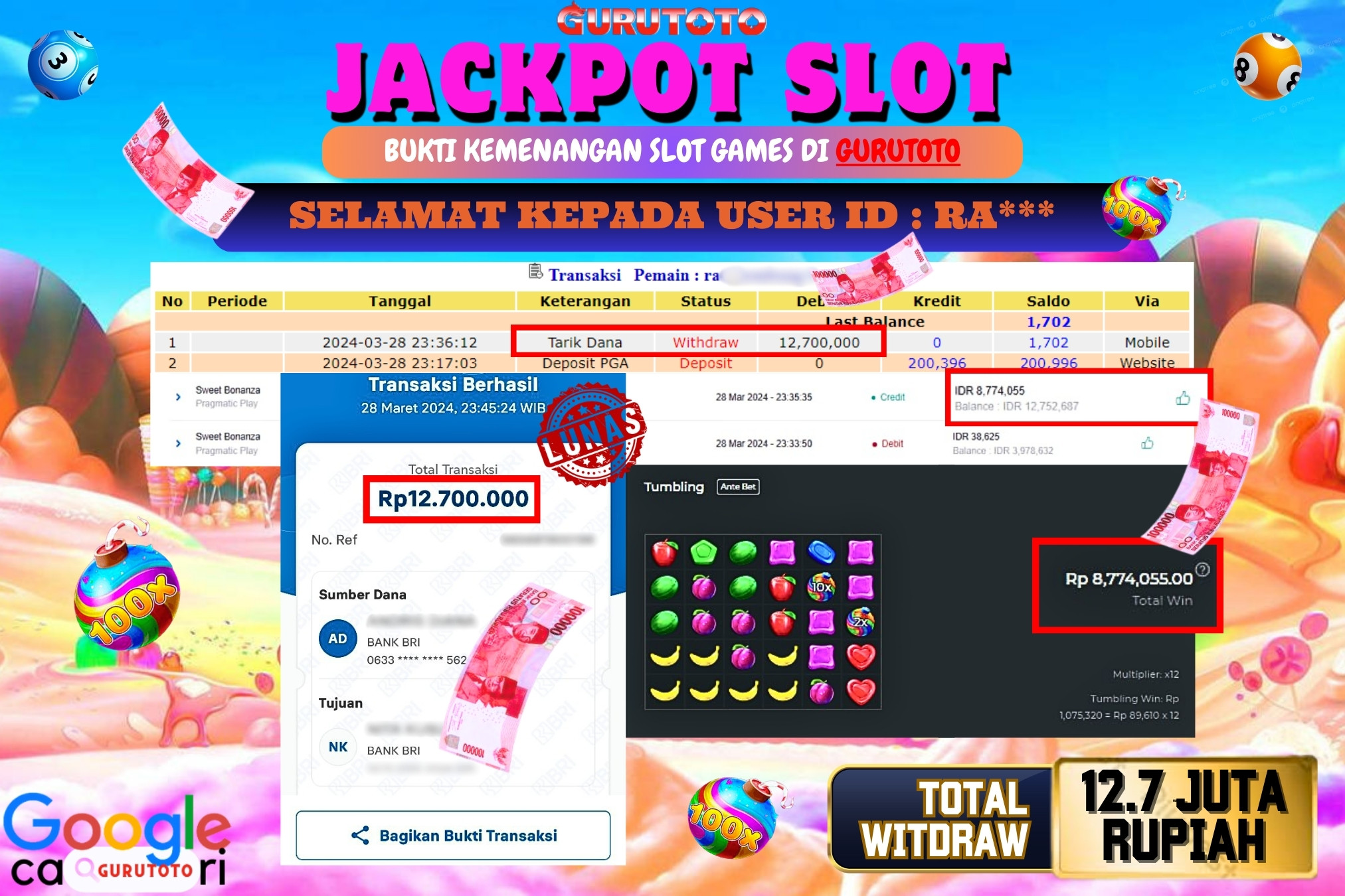 Jackpot Slot SWEET BONANZA di Gurutoto sebesar Rp.12.700.000 dibayar lunas.