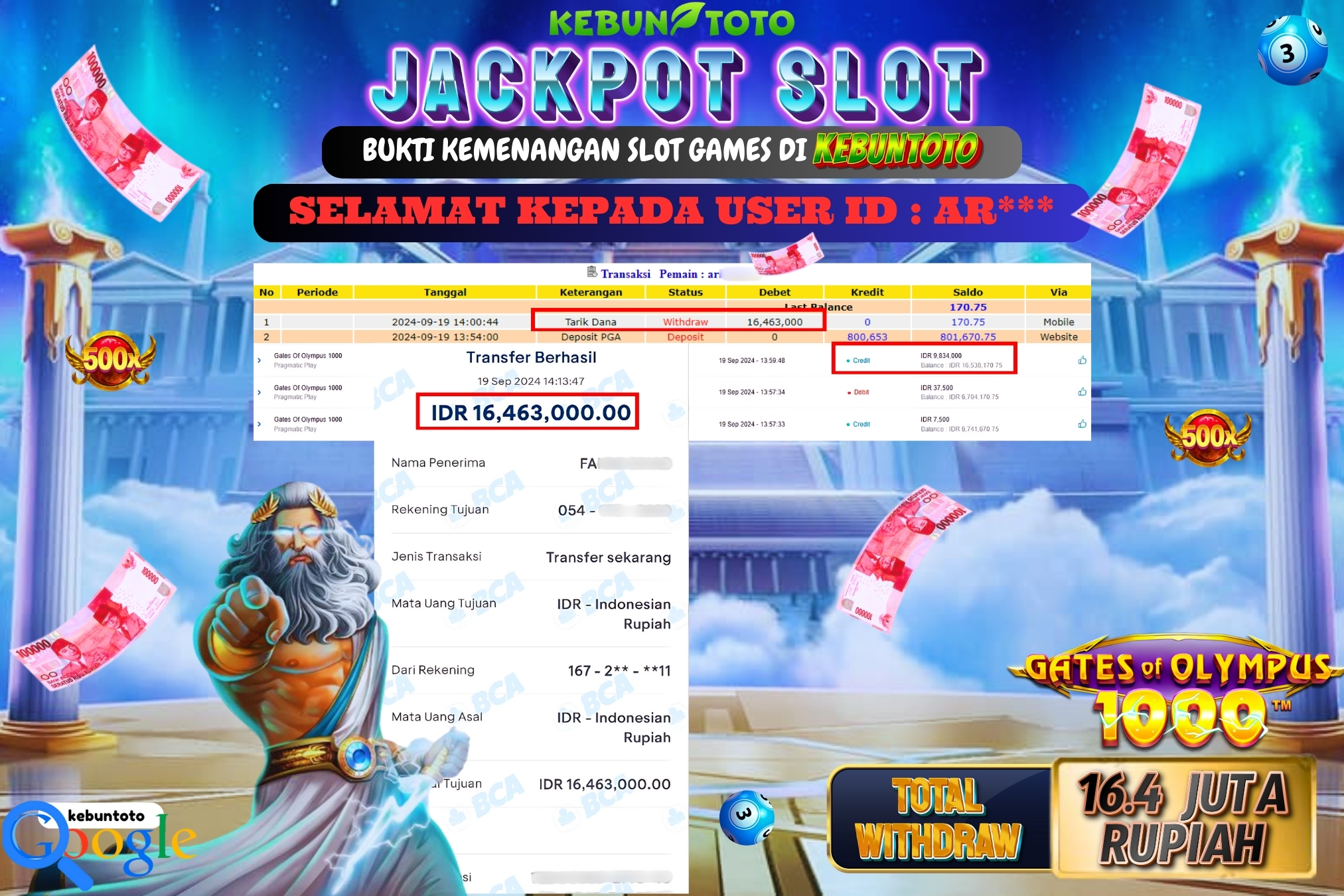 KEBUNTOTO JACKPOT SLOT GATES OF OLYMPUS 1000 Rp.16.463.000,- LUNAS