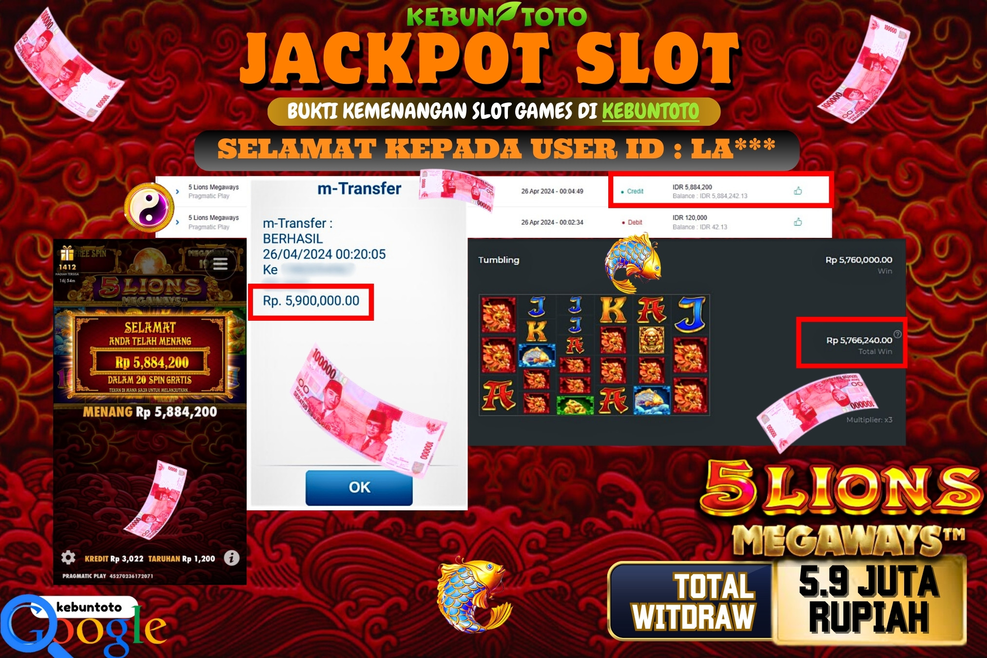 KEBUNTOTO JACKPOT SLOT 5 LION MEGAWAYS Rp.5.900.000,- LUNAS