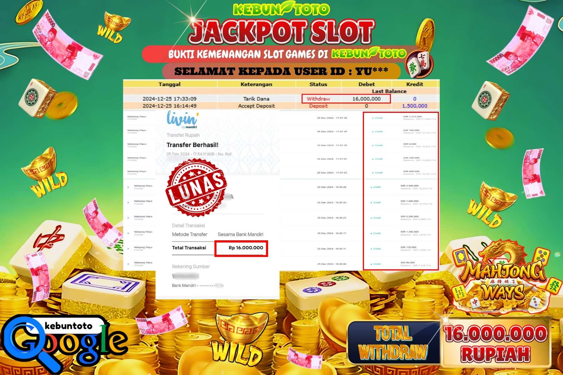 KEBUNTOTO JACKPOT SLOT MAHJONG WAYS , Sebesar Rp.16.000.000,- LUNAS