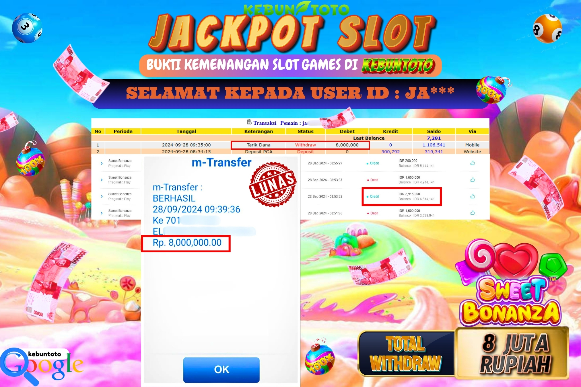 KEBUNTOTO JACKPOT SLOT SWEET BONANZA Rp.8.000.000,- LUNAS