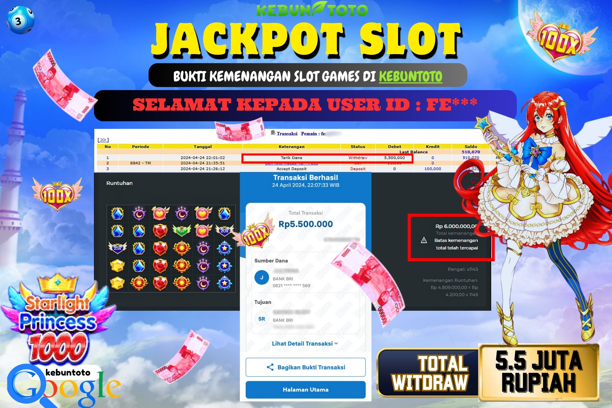 KEBUNTOTO JACKPOT SLOT STARLIGHT PRINCESS 1000 Rp.5.500.000,- LUNAS