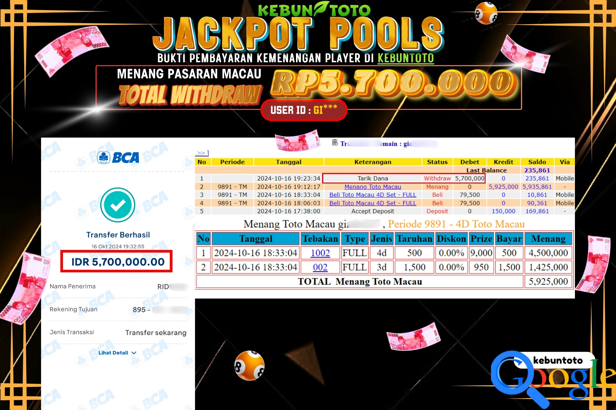 KEBUNTOTO JACKPOT TOGEL PASARAN MACAU Rp.5.700.000,- LUNAS