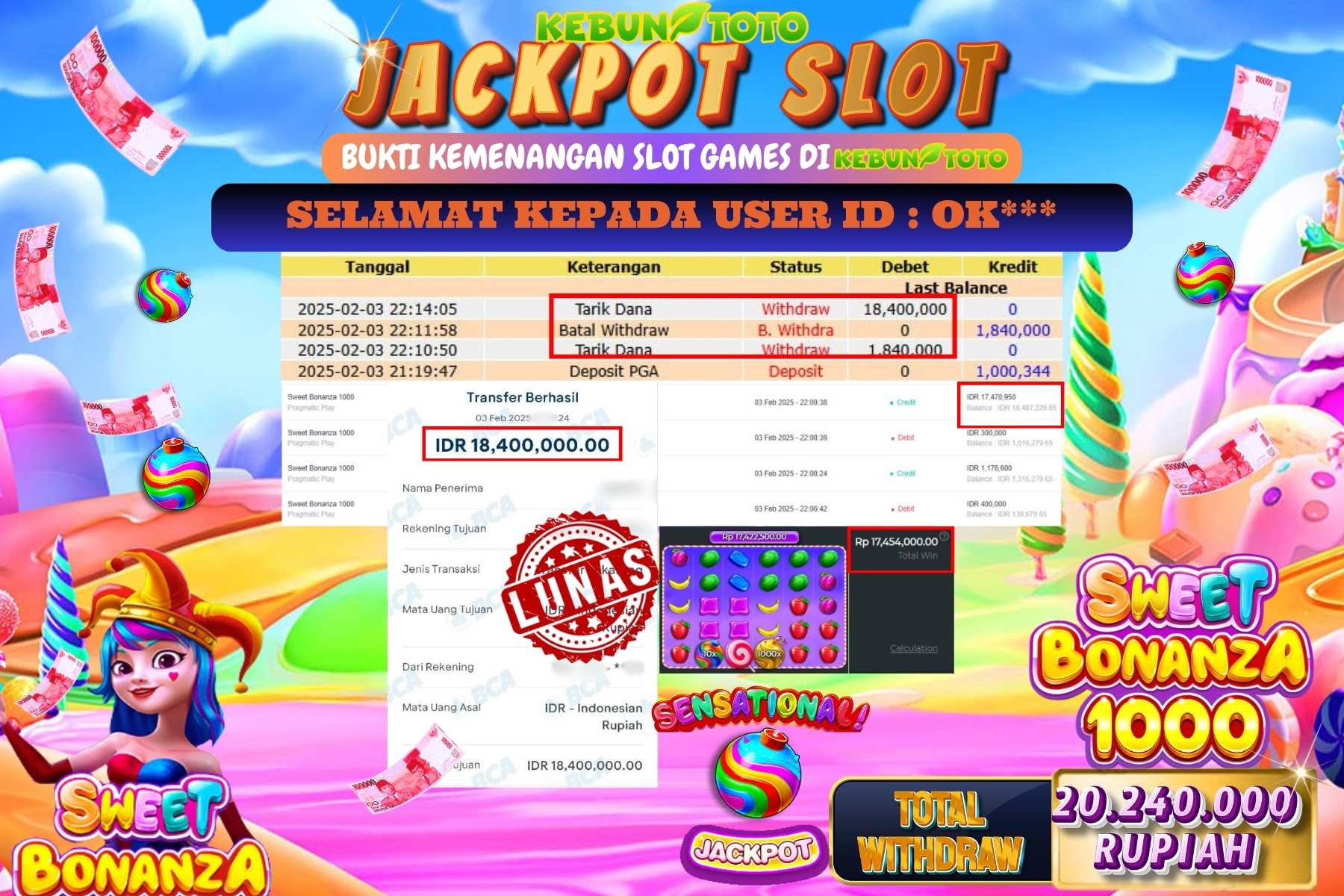 KEBUNTOTO JACKPOT SLOT SWEET BONANZA 1000 , Sebesar Rp 20.240.000,- LUNAS