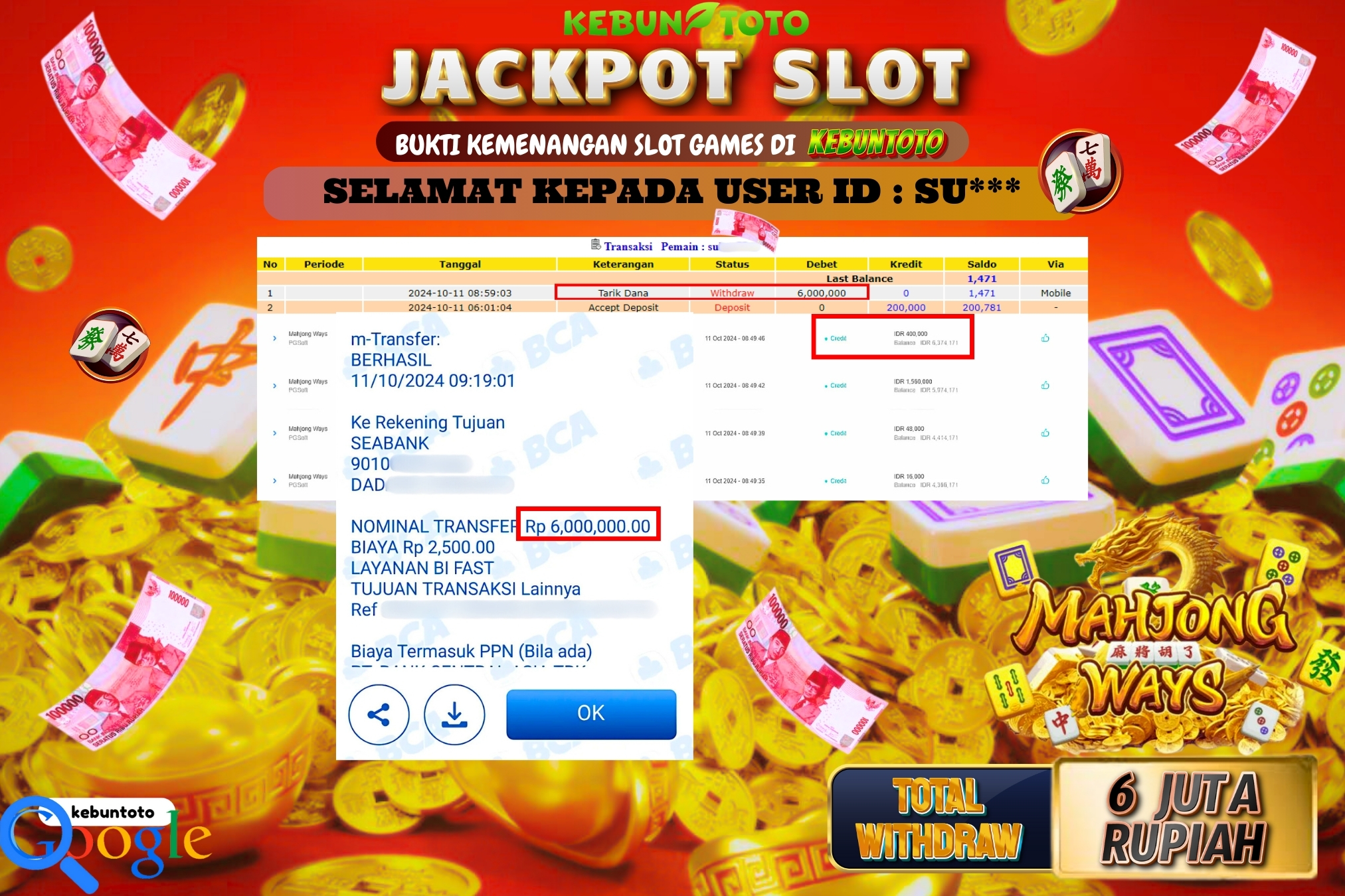 KEBUNTOTO JACKPOT SLOT MAHJONG WAYS Rp.6.000.000,- LUNAS