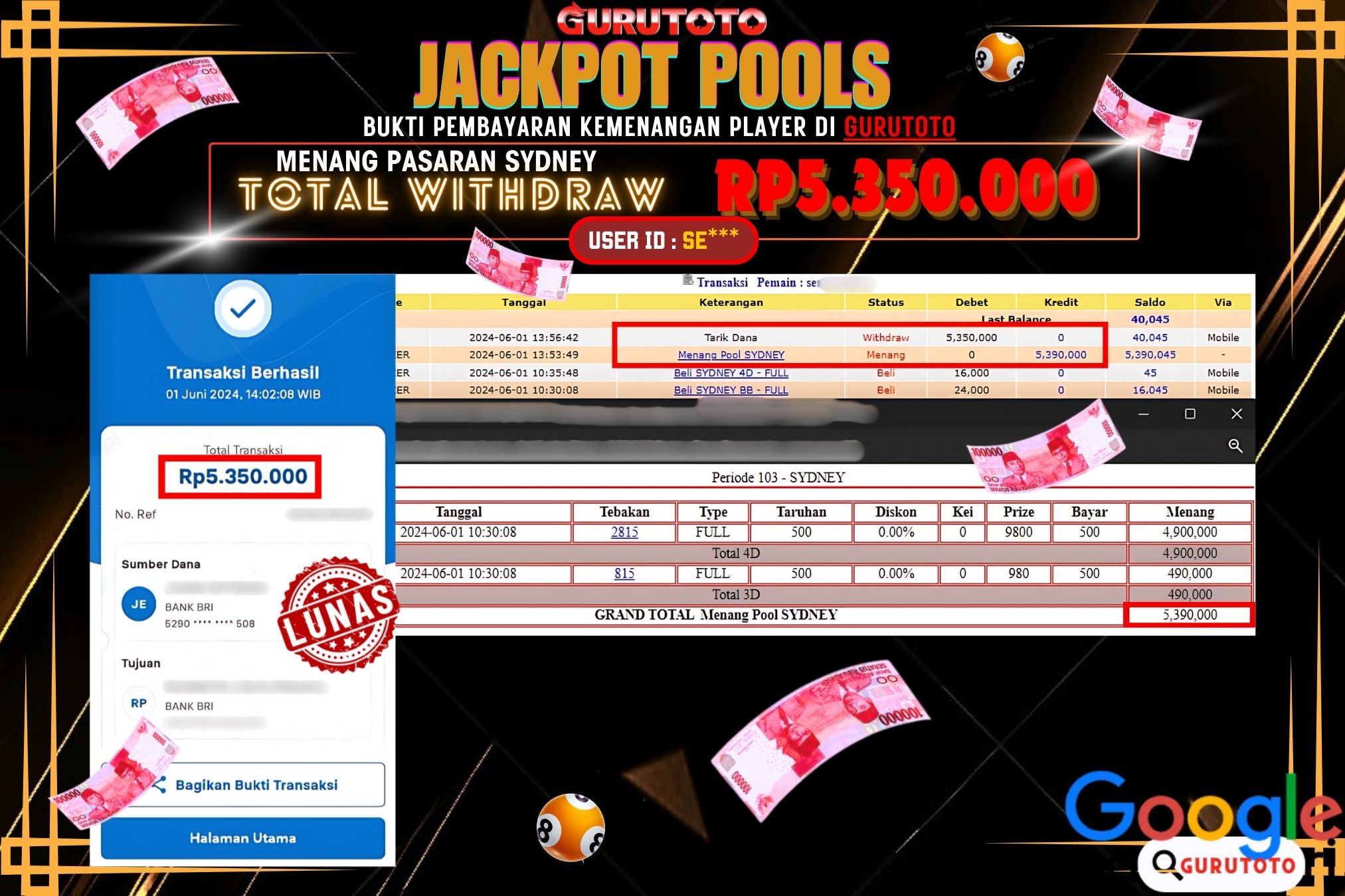 Jackpot Togel SYDNEY di Gurutoto sebesar Rp.5.350.000 dibayar lunas.