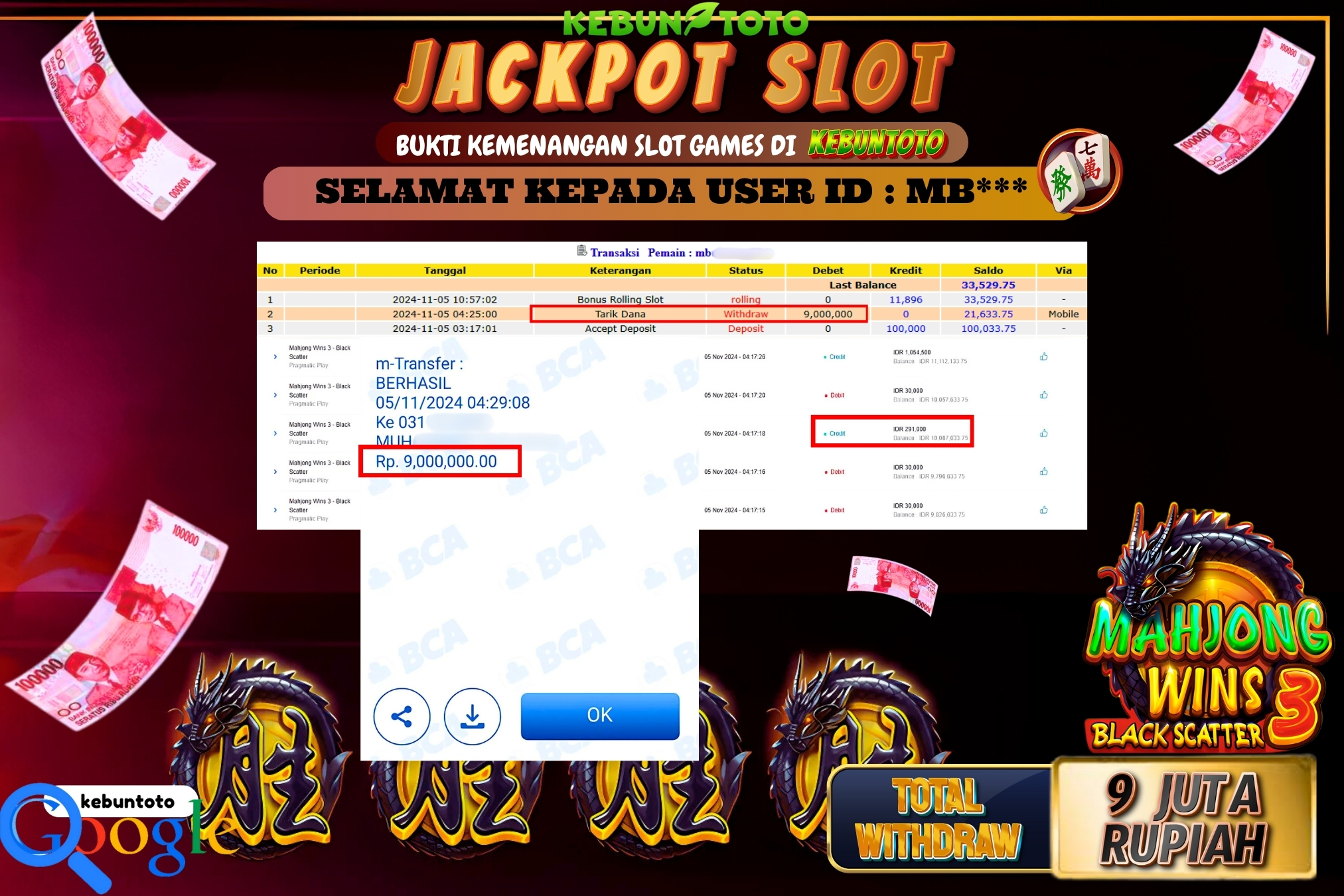 KEBUNTOTO JACKPOT SLOT MAHJONG WINS 3 - BLACK SCATTER Rp.9.000.000,- LUNAS