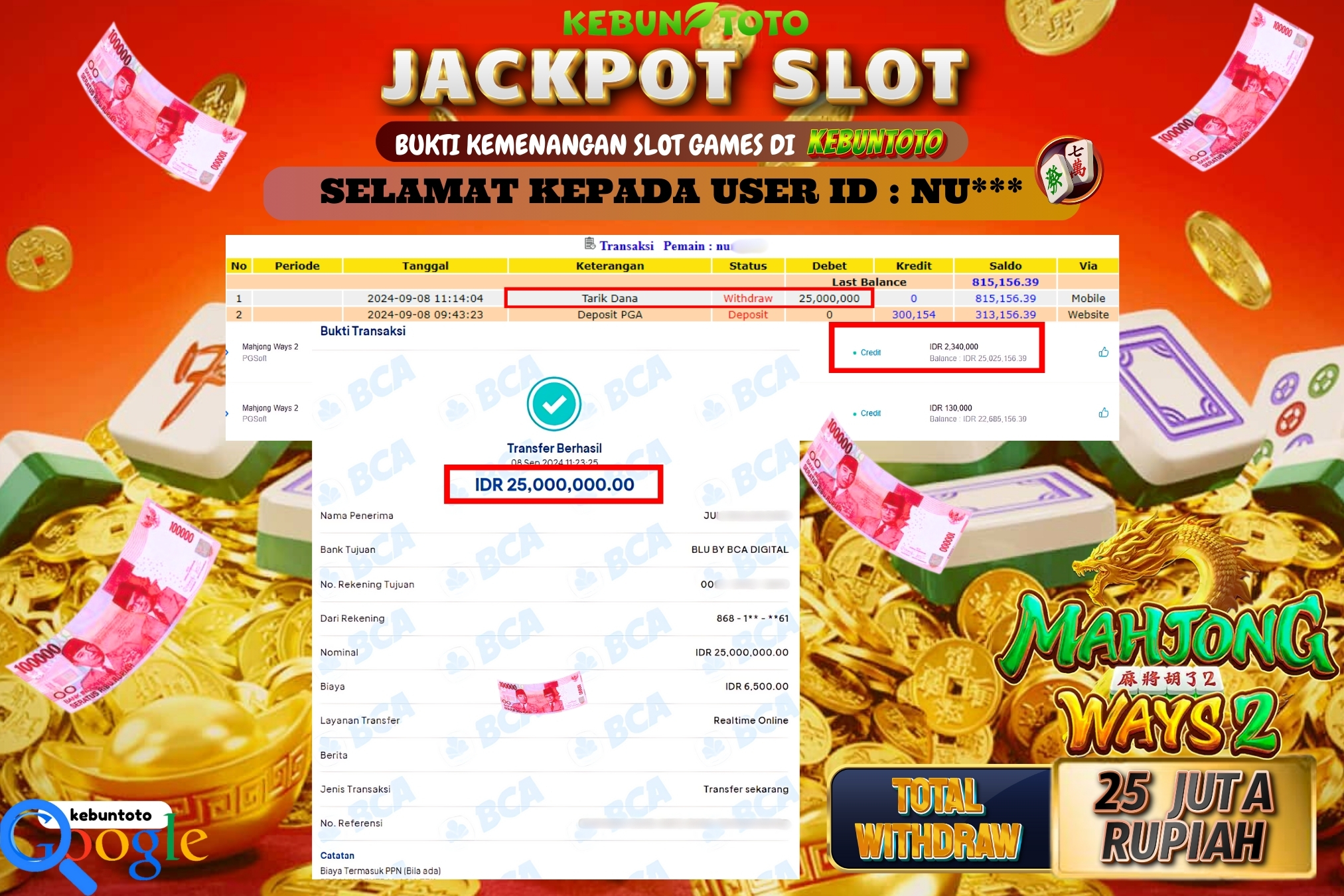 KEBUNTOTO JACKPOT SLOT MAHJONG WAYS 2 Rp.25.000.000,- LUNAS