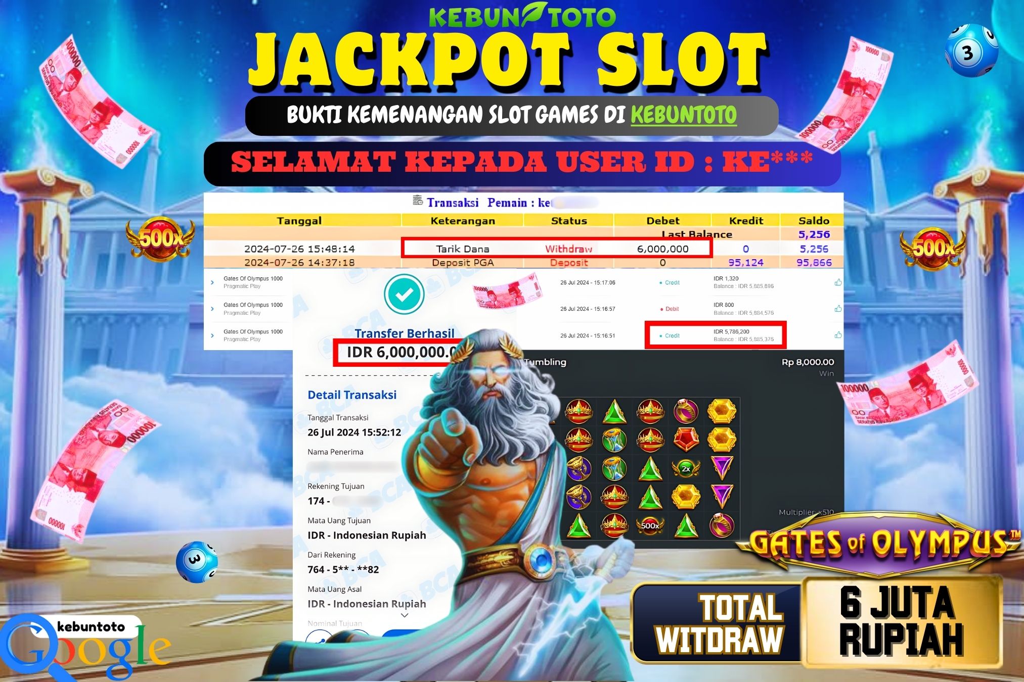 KEBUNTOTO JACKPOT SLOT GATES OF OLYMPUS 1000 Rp.6.000.000,- LUNAS