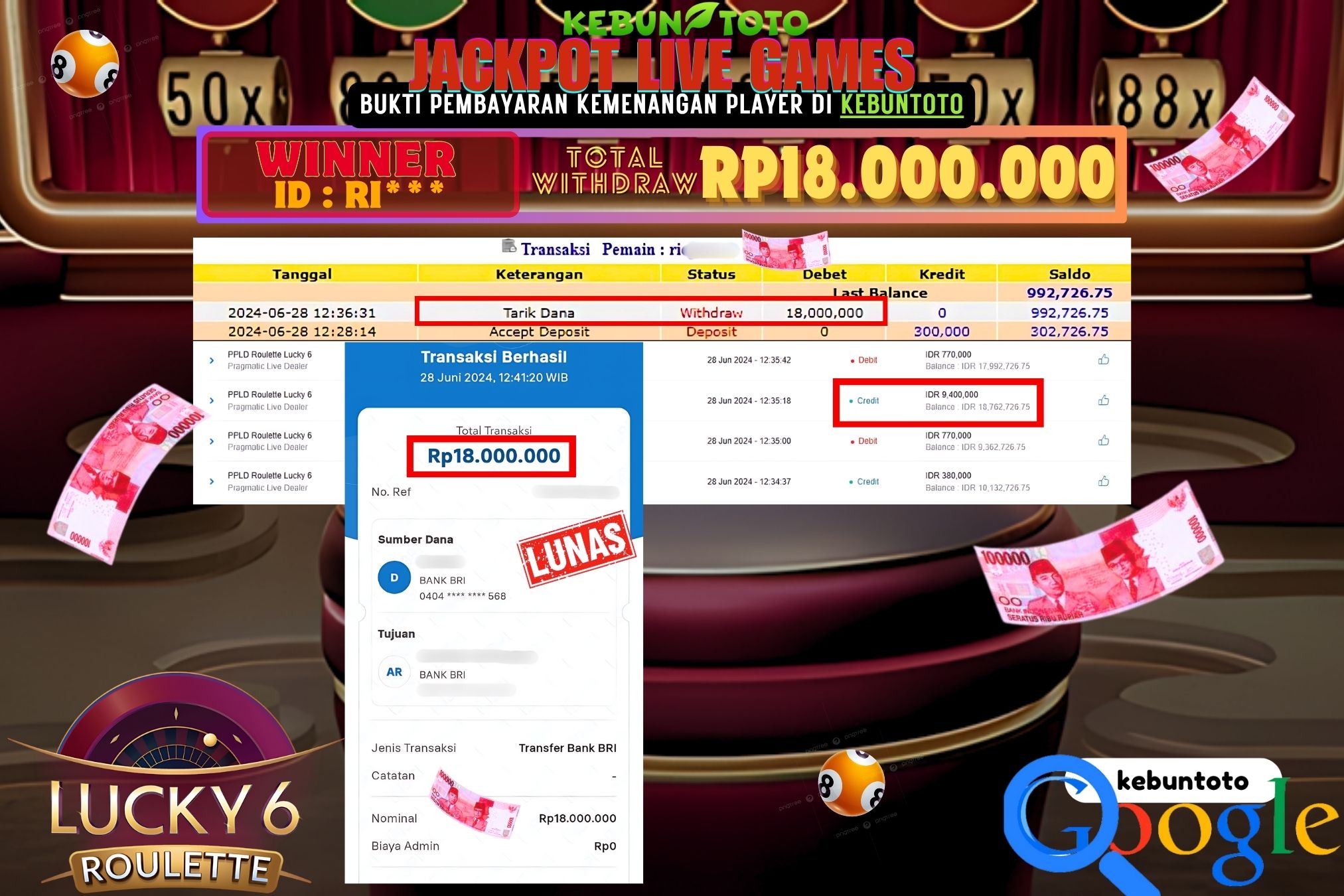 KEBUNTOTO JACKPOT LIVE GAMES ROULETTE LUCKY 6 Rp.18.000.000,- LUNAS
