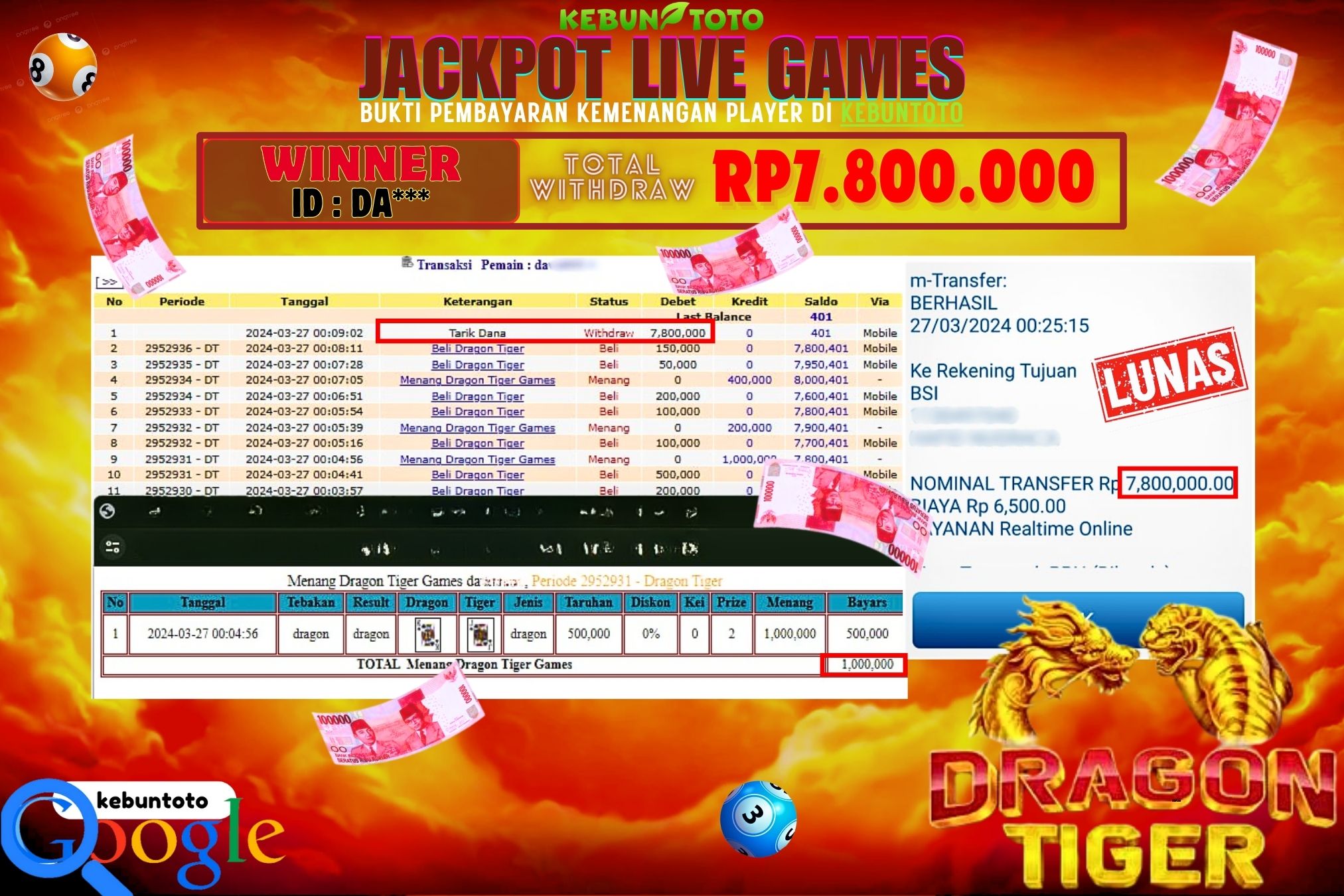 KEBUNTOTO JACKPOT LIVE GAMES DRAGON TIGER Rp.7.800.000,- LUNAS