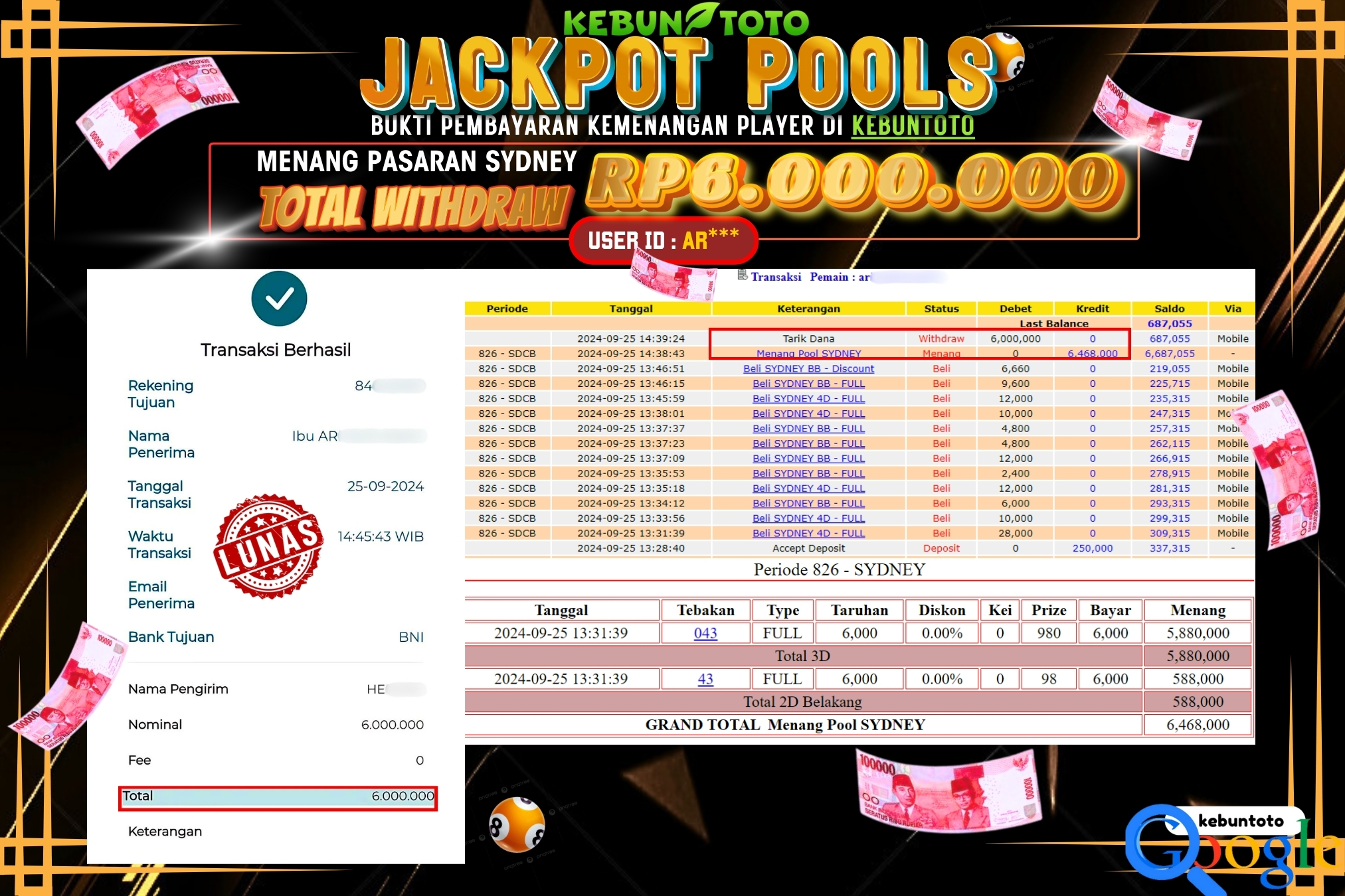 KEBUNTOTO JACKPOT TOGEL PASARAN SYDNEY Rp.6.000.000,- LUNAS