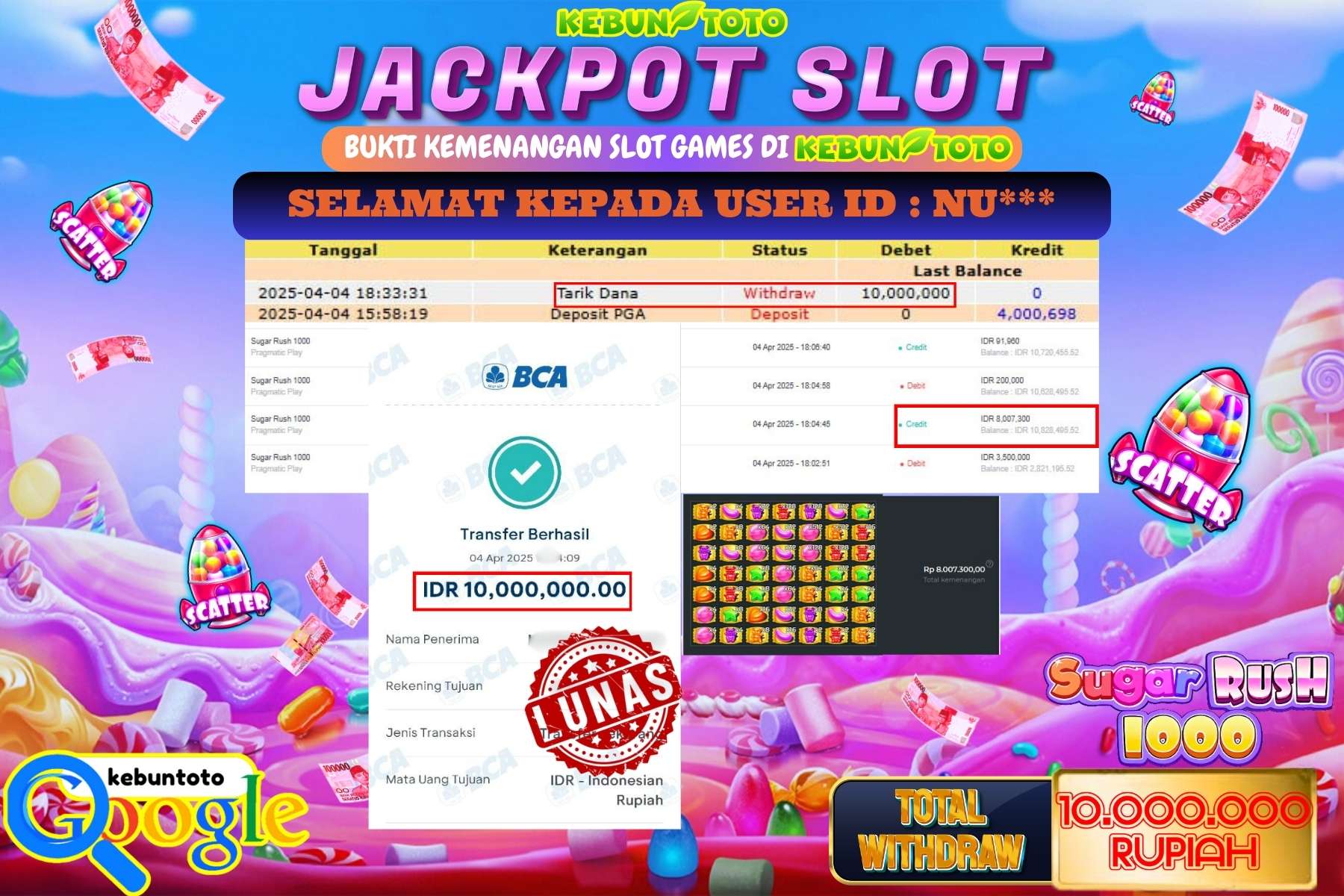 KEBUNTOTO JACKPOT, SLOT SUGAR RUSH 1000 Rp 10.000.000,- LUNAS