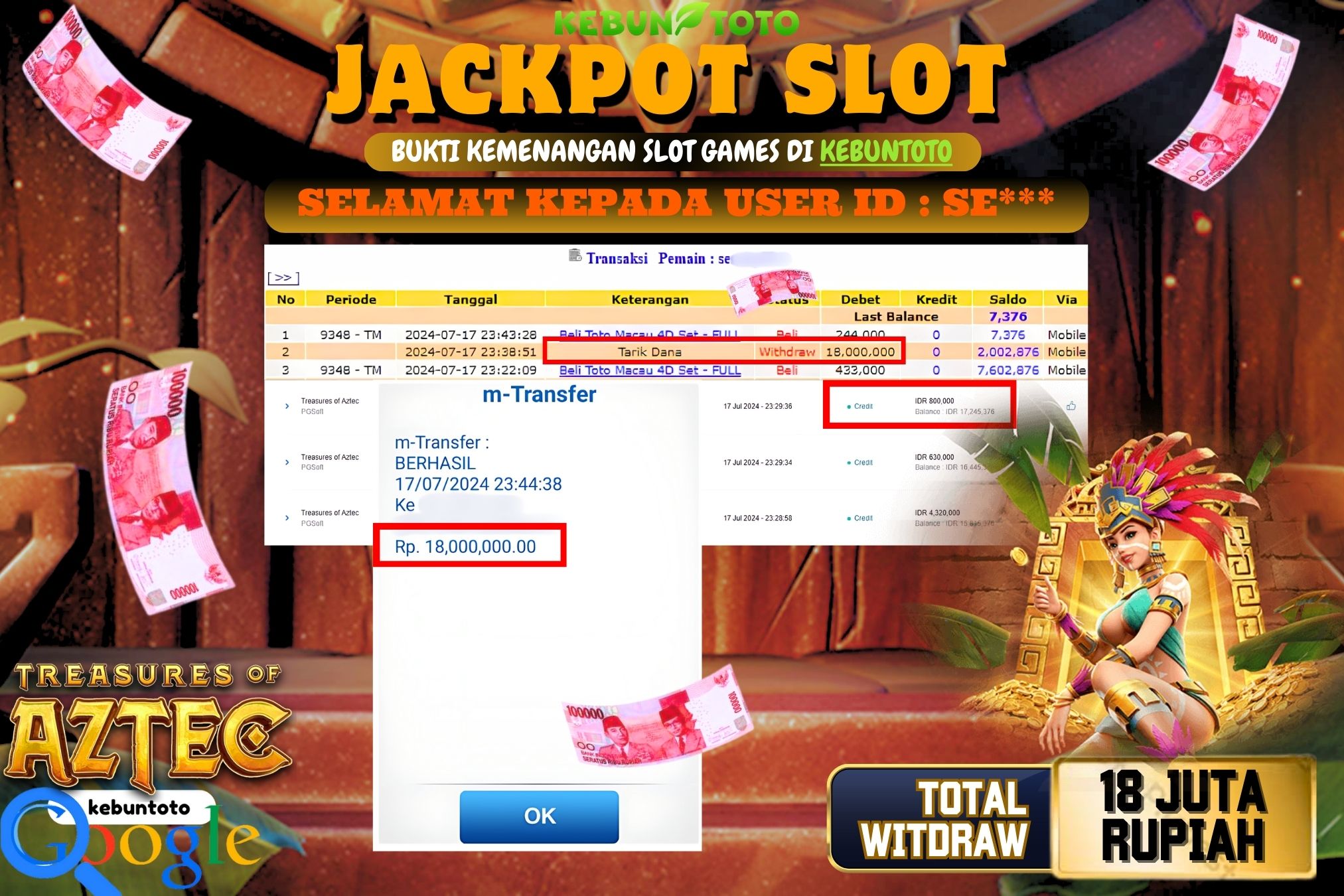 KEBUNTOTO JACKPOT SLOT TREASURE OF AZTEC Rp.18.000.000,- LUNAS