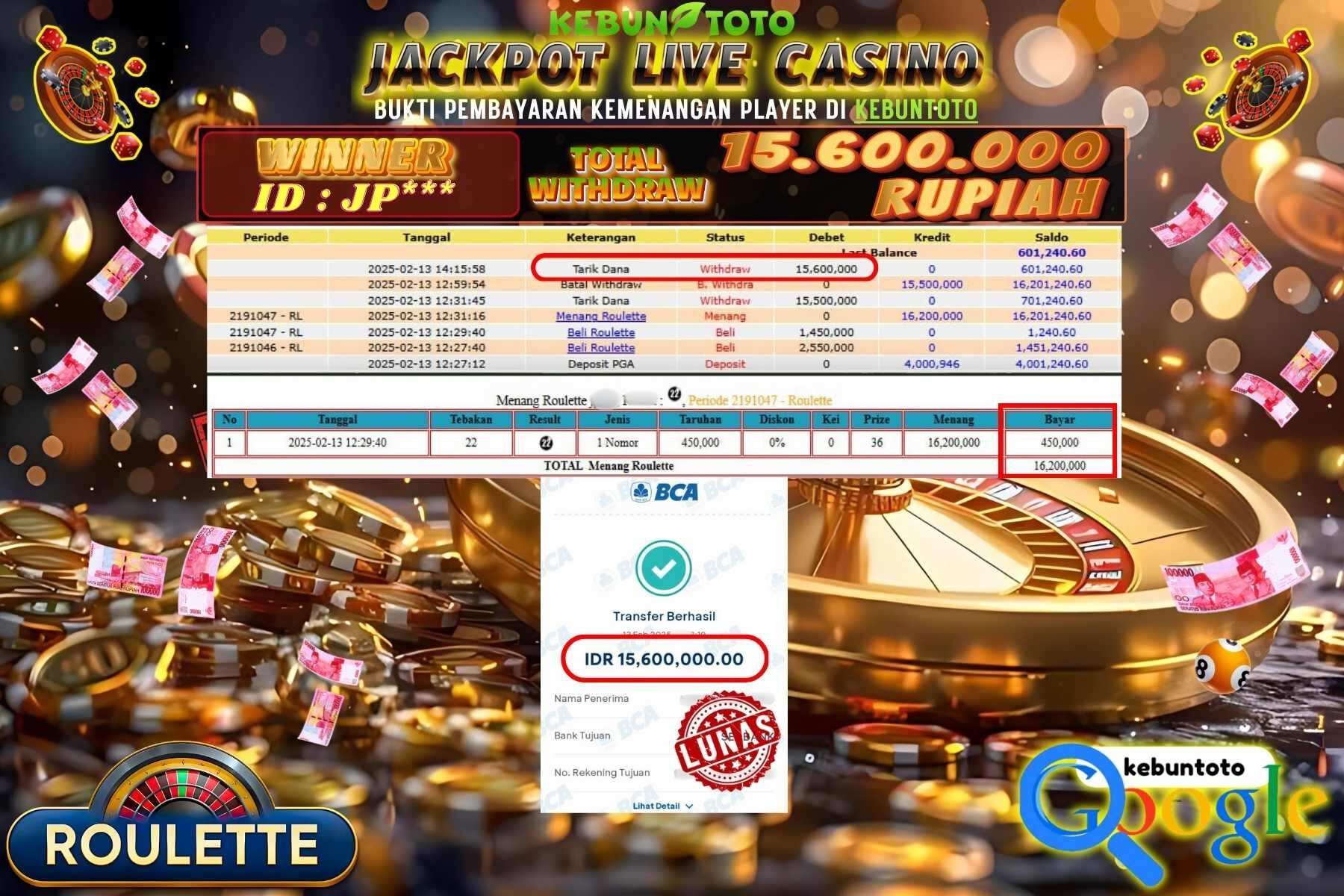 KEBUNTOTO JACKPOT, LIVE CASINO ROULETTE , Sebesar Rp 15.600.000,- LUNAS