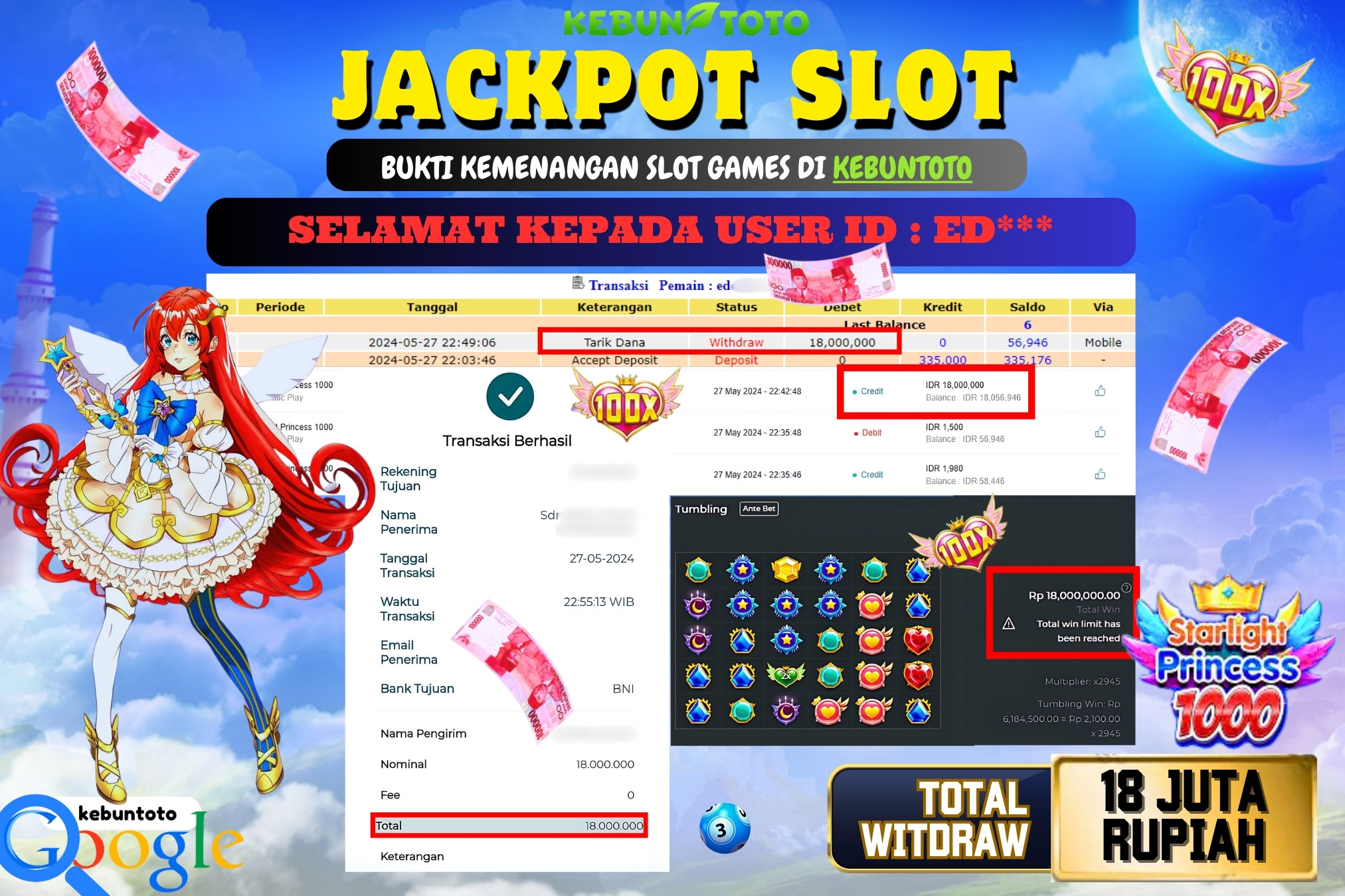 KEBUNTOTO JACKPOT SLOT STARLIGHT PRINCESS 1000 Rp.18.000.000,- LUNAS