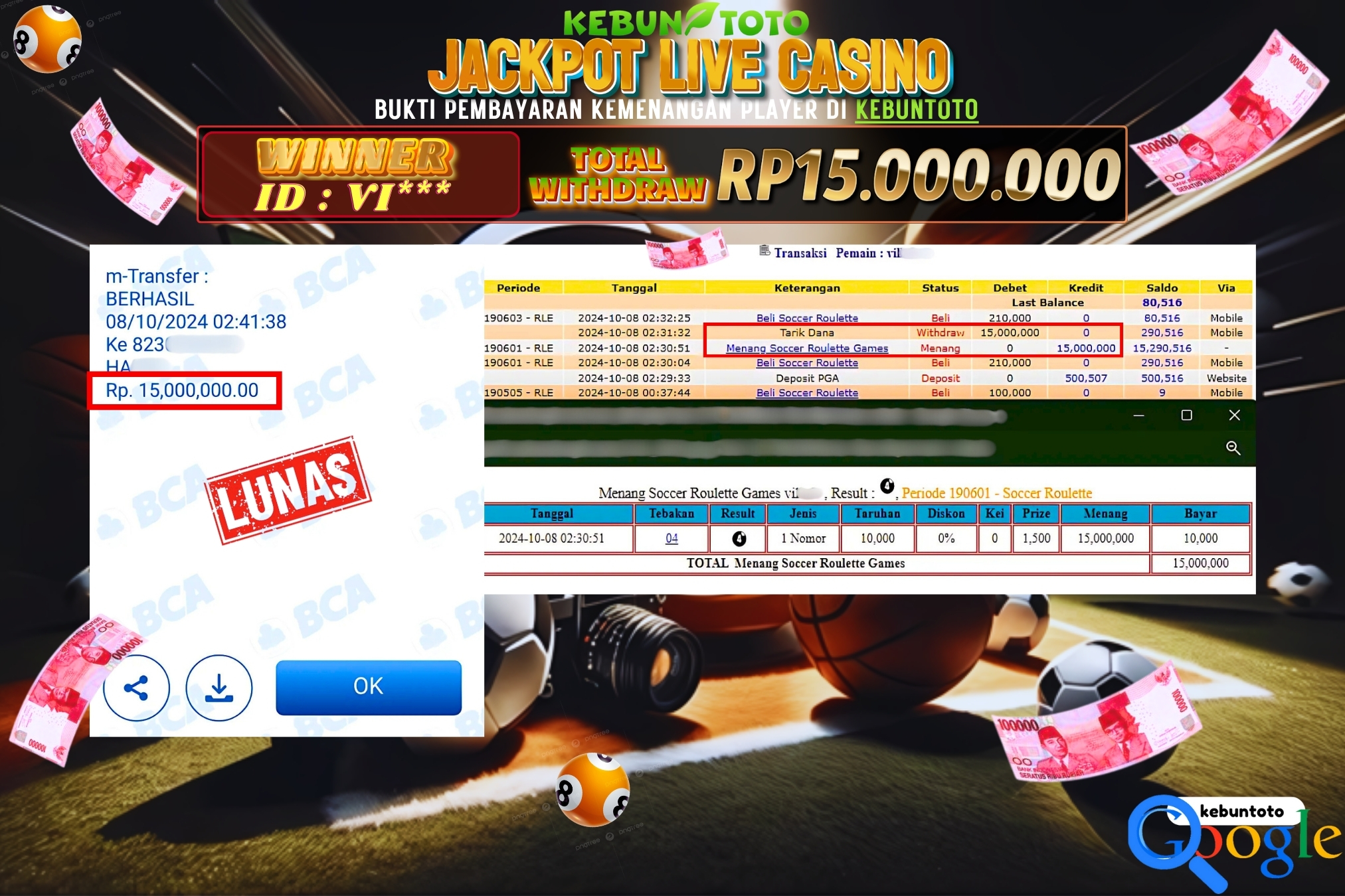 KEBUNTOTO JACKPOT LIVE CASINO SOCCER ROULETTE Rp.15.000.000,- LUNAS