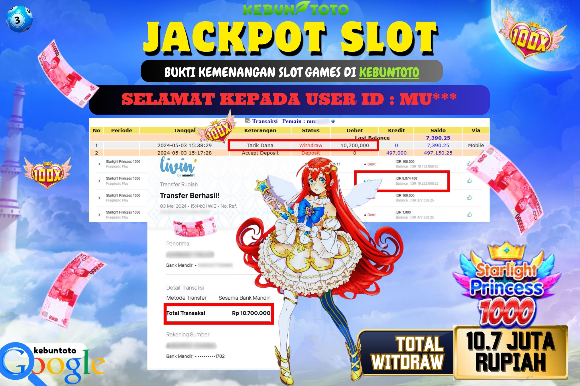 KEBUNTOTO JACKPOT SLOT STARLIGHT PRINCESS 1000 Rp.10.700.000,- LUNAS