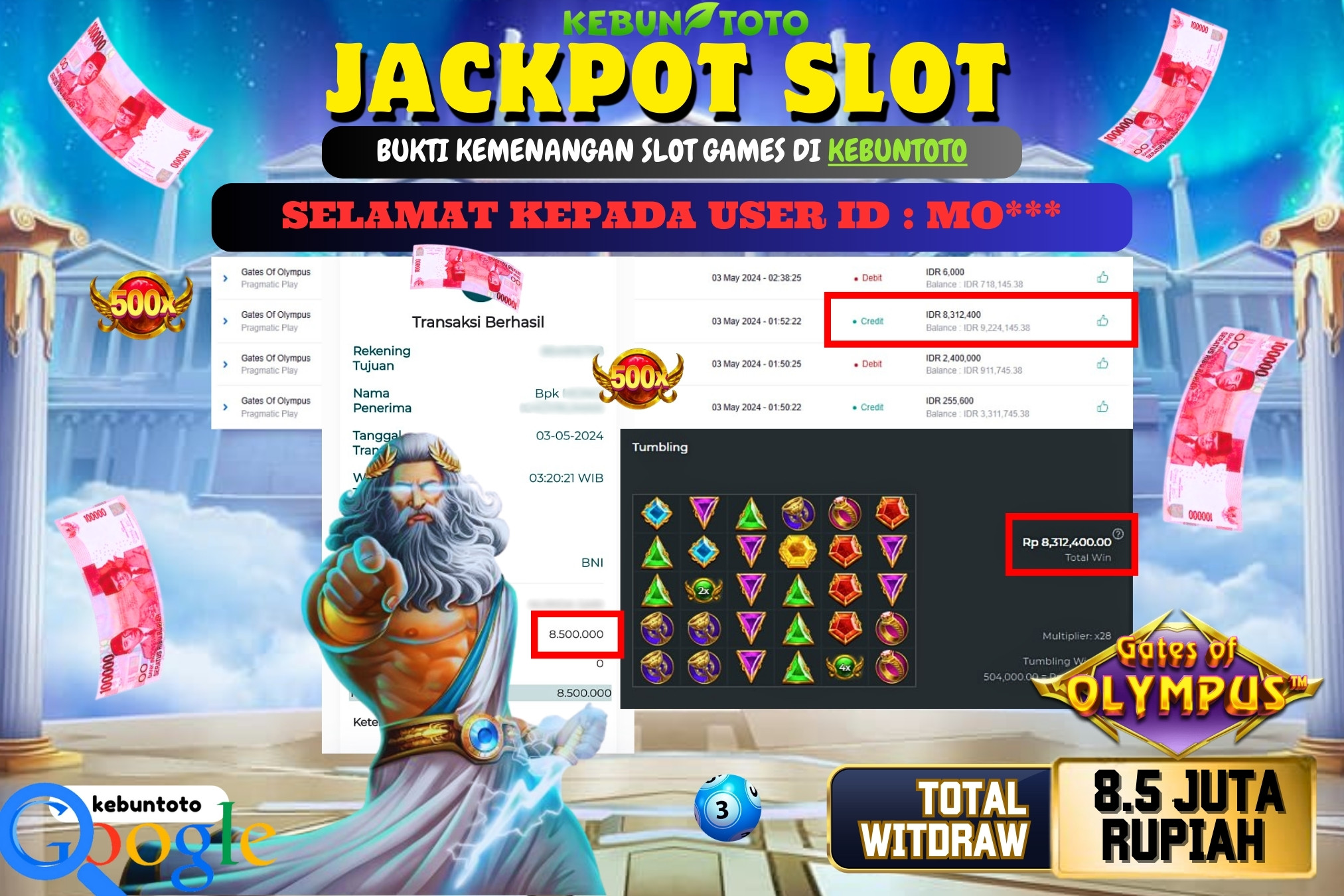 KEBUNTOTO JACKPOT SLOT GATES OF OLYMPUS Rp.8.500.000,- LUNAS