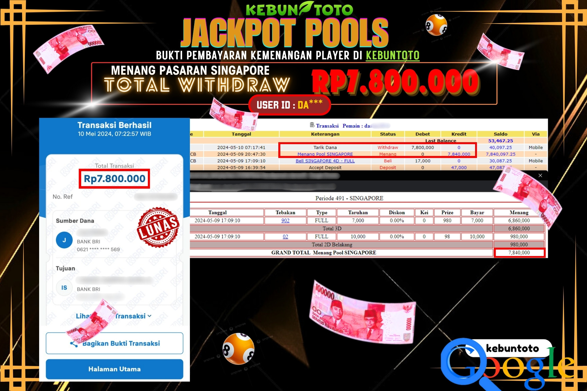 KEBUNTOTO JACKPOT TOGEL PASARAN SINGAPORE Rp.7.800.000,- LUNAS