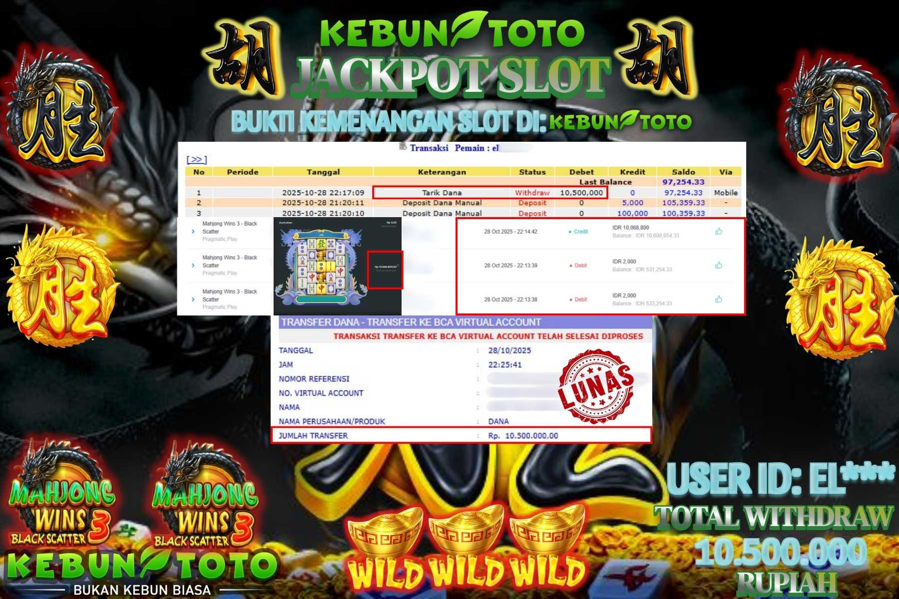 Bukti Kemenangan Rp 10.500.000 SLOT MAHJONG WINS 3 BLACK SCATTER di KEBUNTOTO!