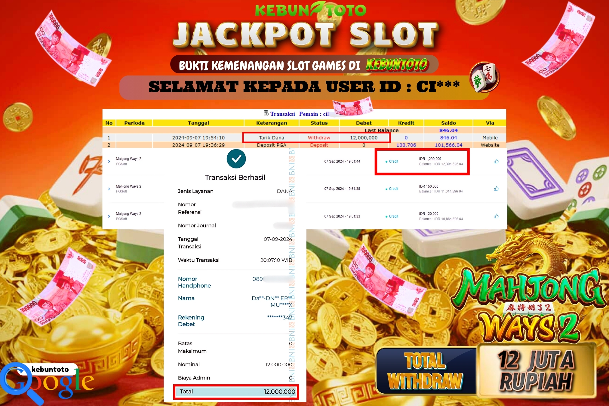 KEBUNTOTO JACKPOT SLOT MAHJONG WAYS 2 Rp.12.000.000,- LUNAS