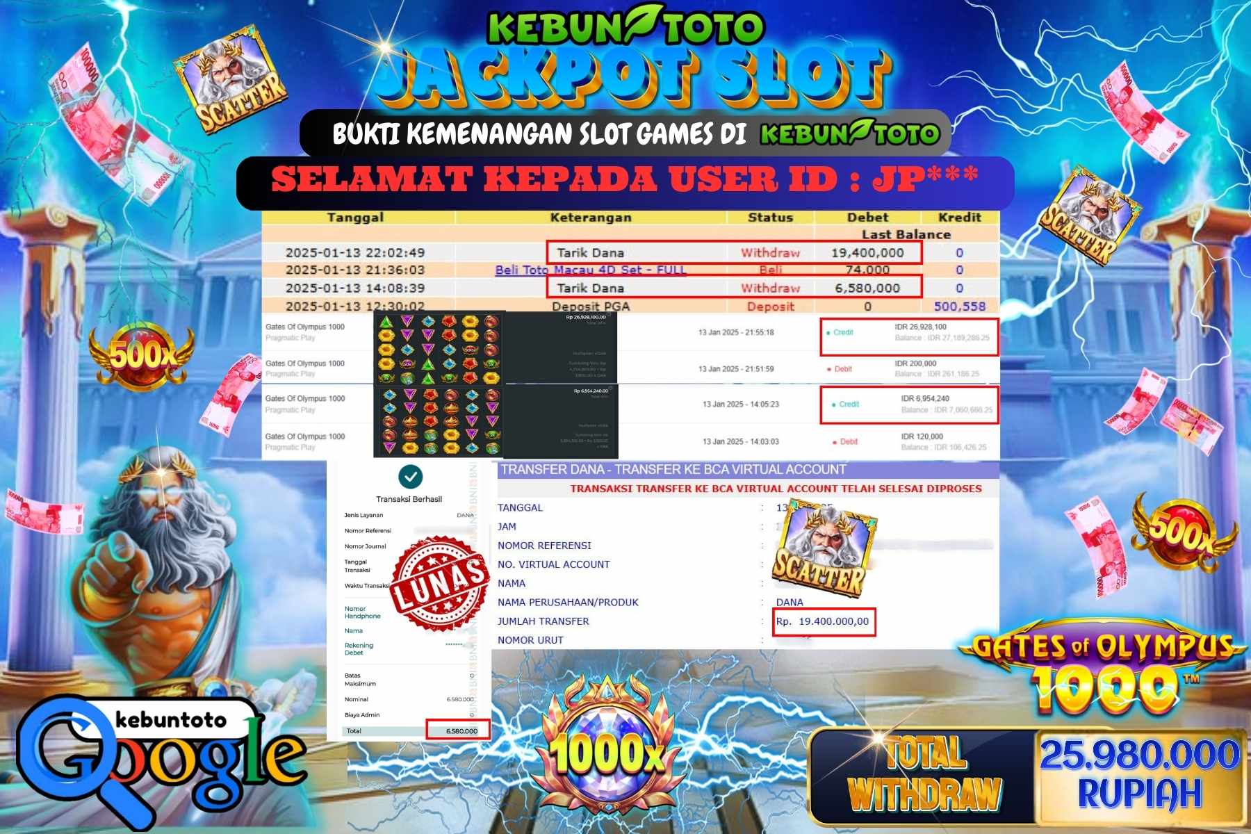 KEBUNTOTO JACKPOT SLOT GATES OF OLYMPUS 1000 , Sebesar Rp.25.980.000,- LUNAS