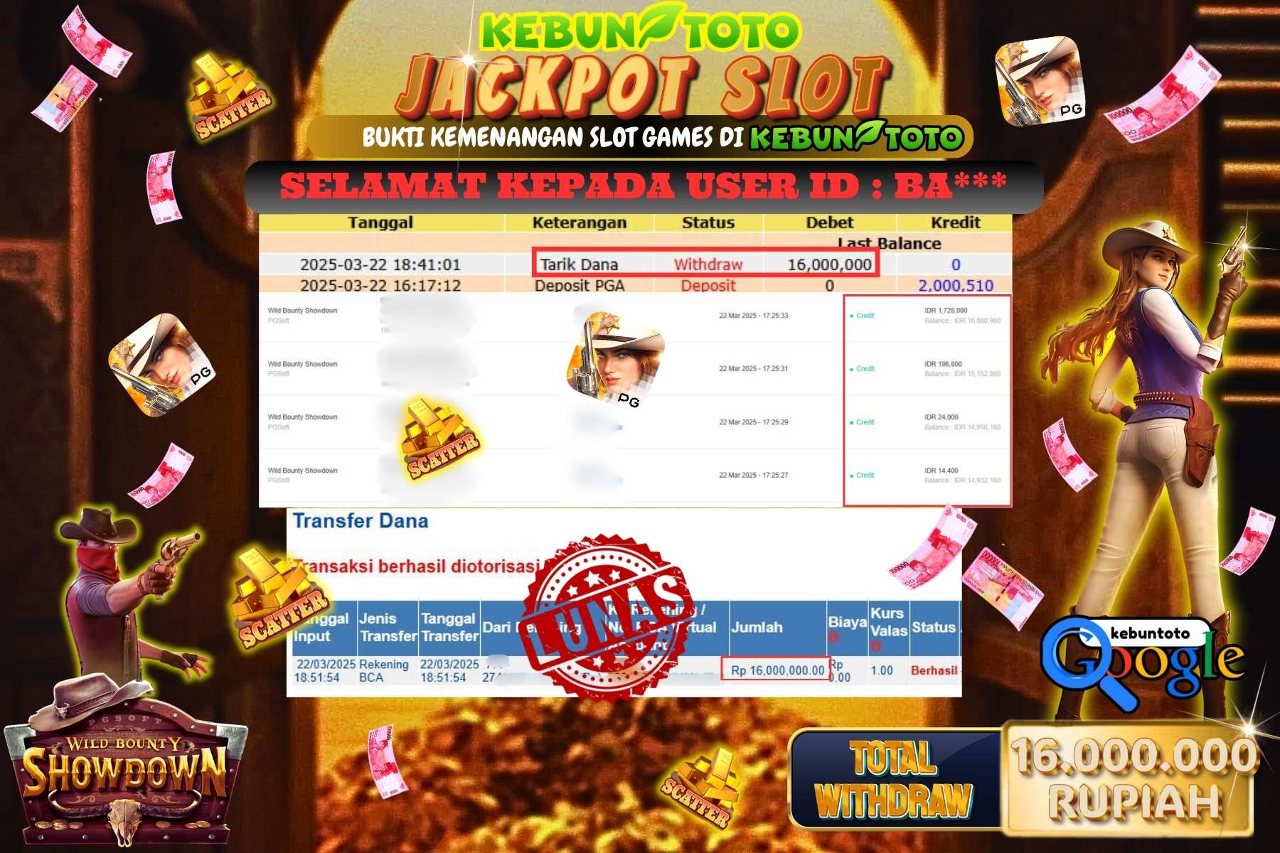 KEBUNTOTO JACKPOT, SLOT WILD BOUNTY SHOWDOWN Sebesar Rp 16.000.000,- LUNAS