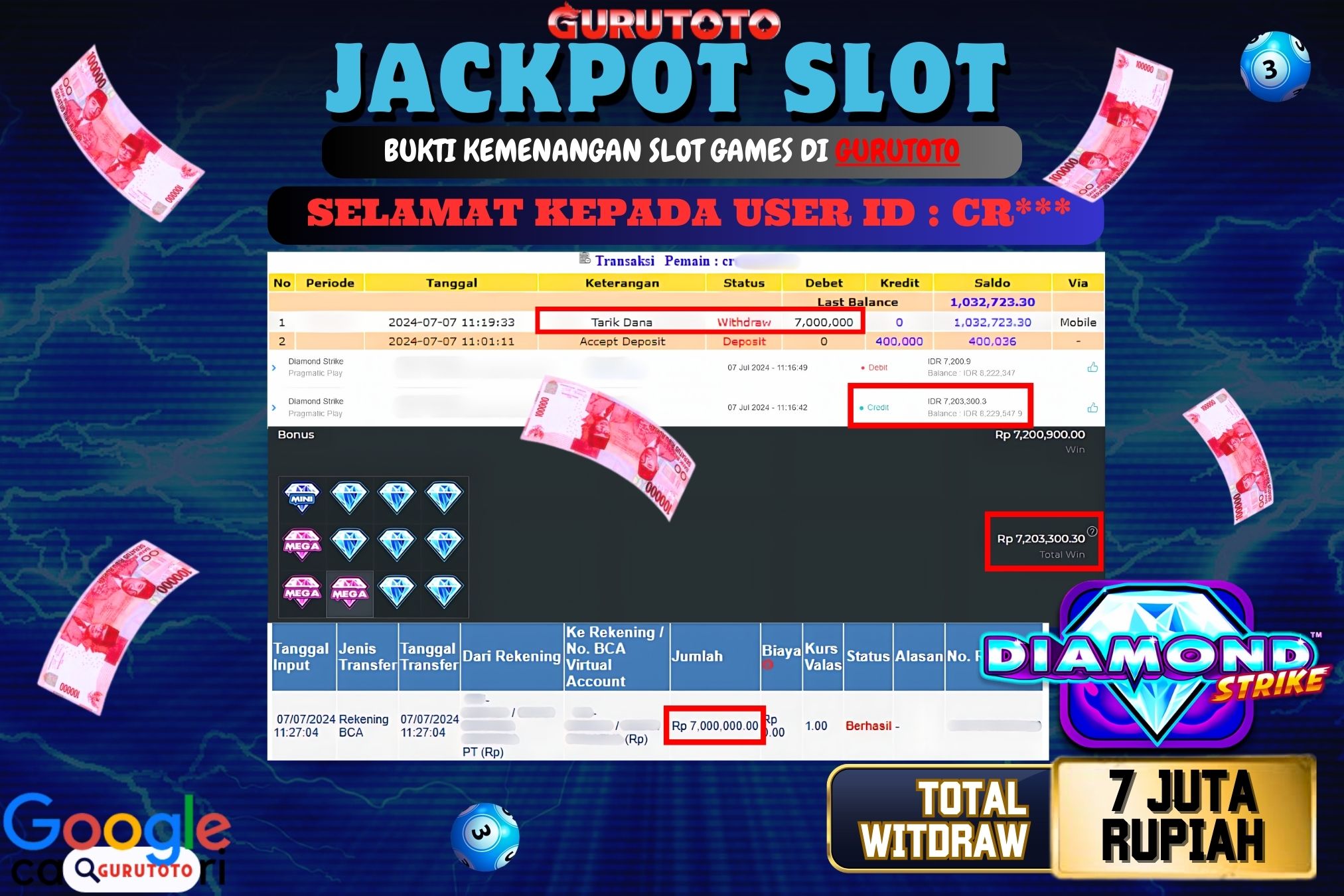 Jackpot Slot Diamond Strike di Gurutoto sebesar Rp.7.000.000 dibayar lunas.