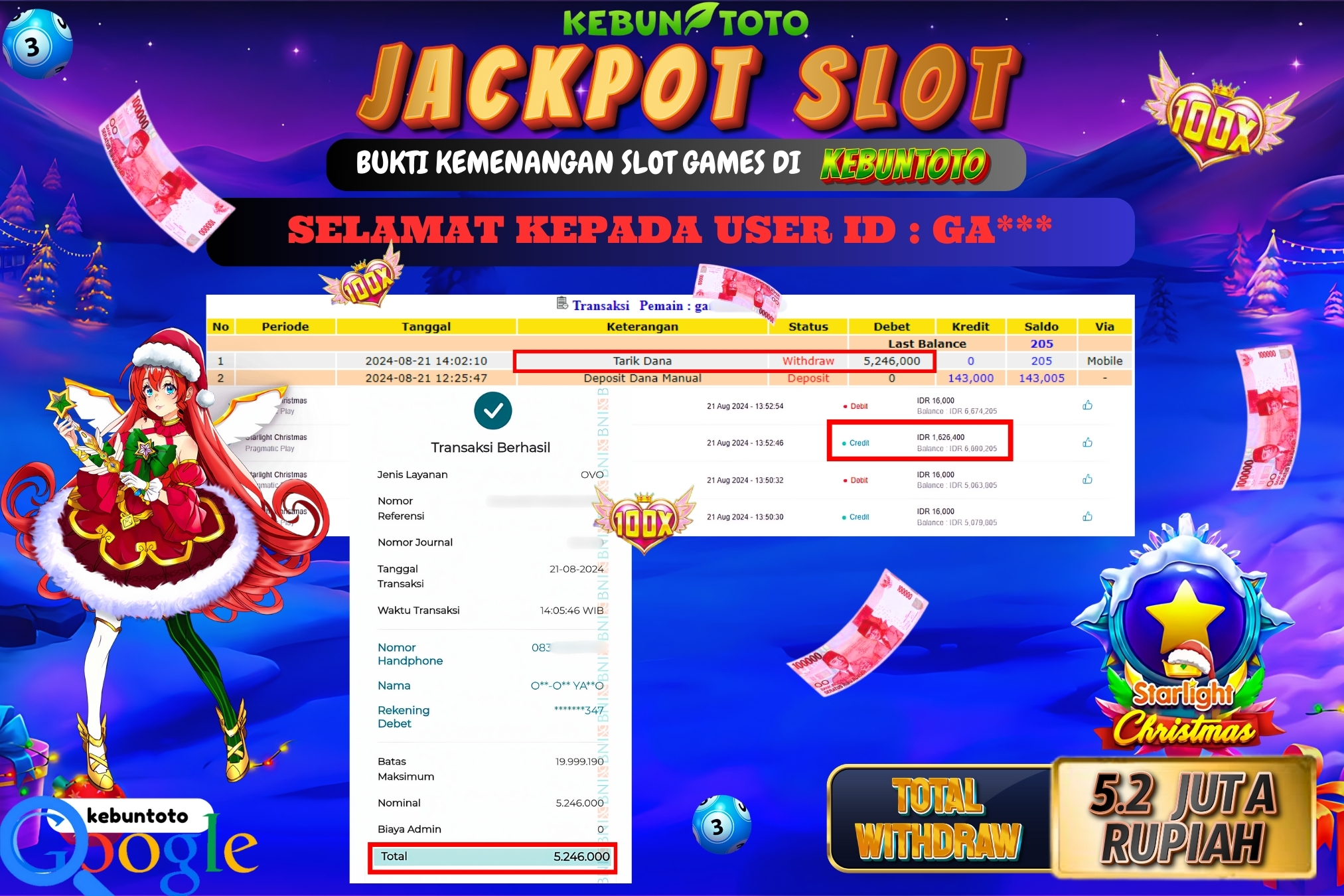 KEBUNTOTO JACKPOT SLOT STARLIGHT CHRISTMAS Rp.5.246.000,- LUNAS