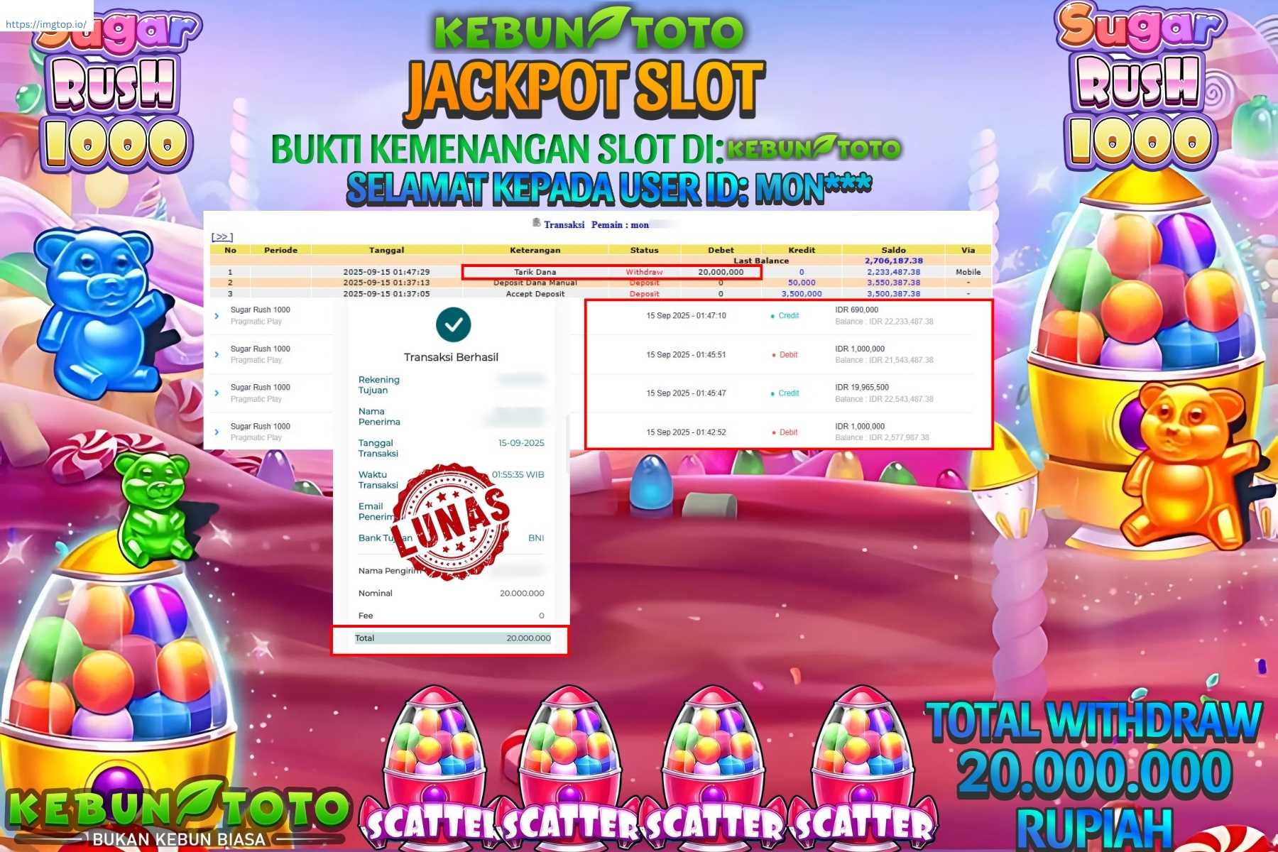 Bukti Kemenangan Rp 20.000.000 SLOT SUGAR RUSH 1000 di KEBUNTOTO!