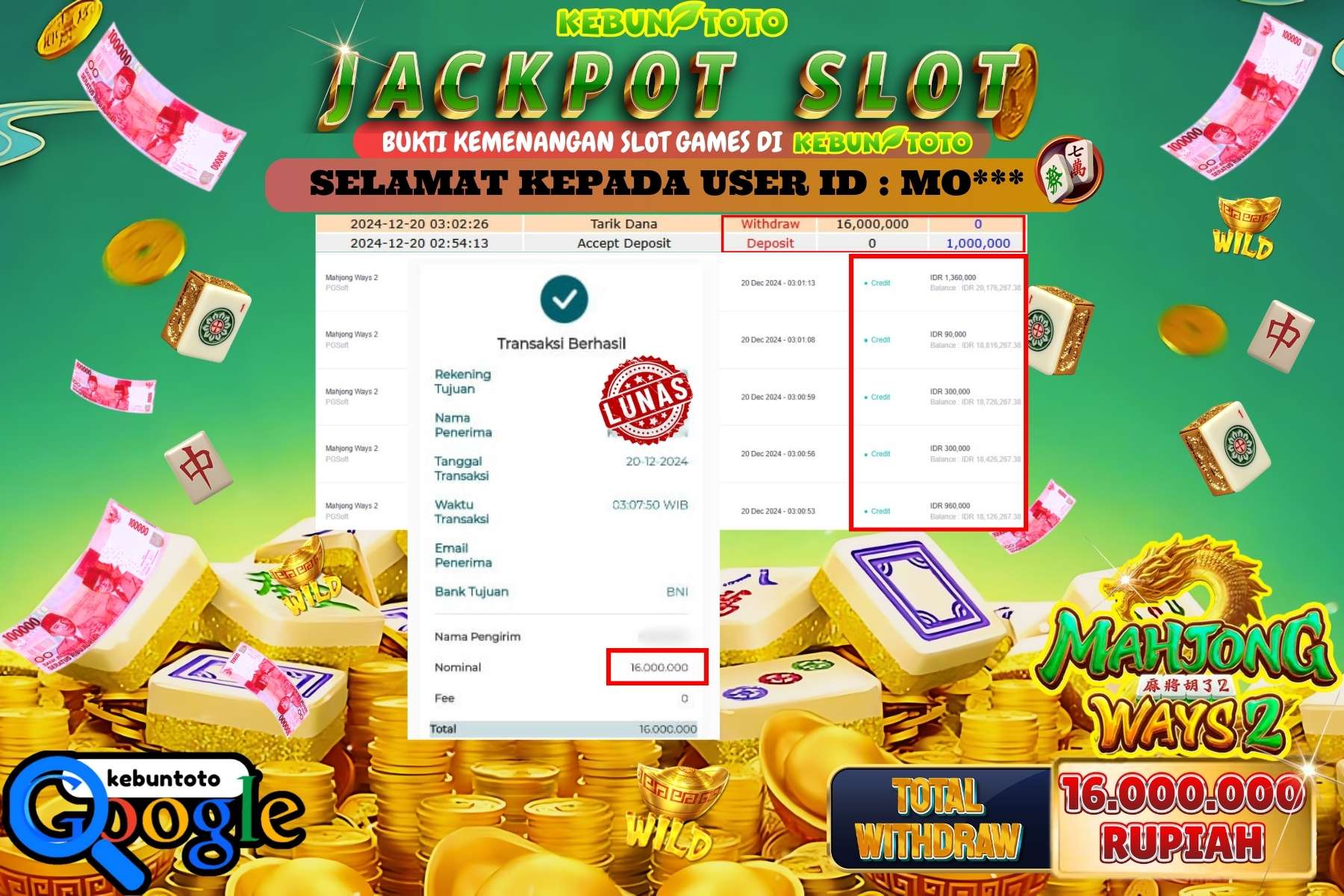 KEBUNTOTO JACKPOT SLOT MAHJONG WAYS 2 , Sebesar Rp.16.000.000,- LUNAS