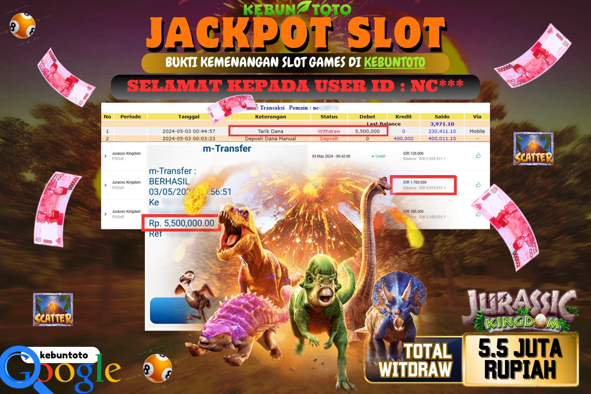 KEBUNTOTO JACKPOT SLOT JURASSIC KINGDOM Rp.5.500.000,- LUNAS