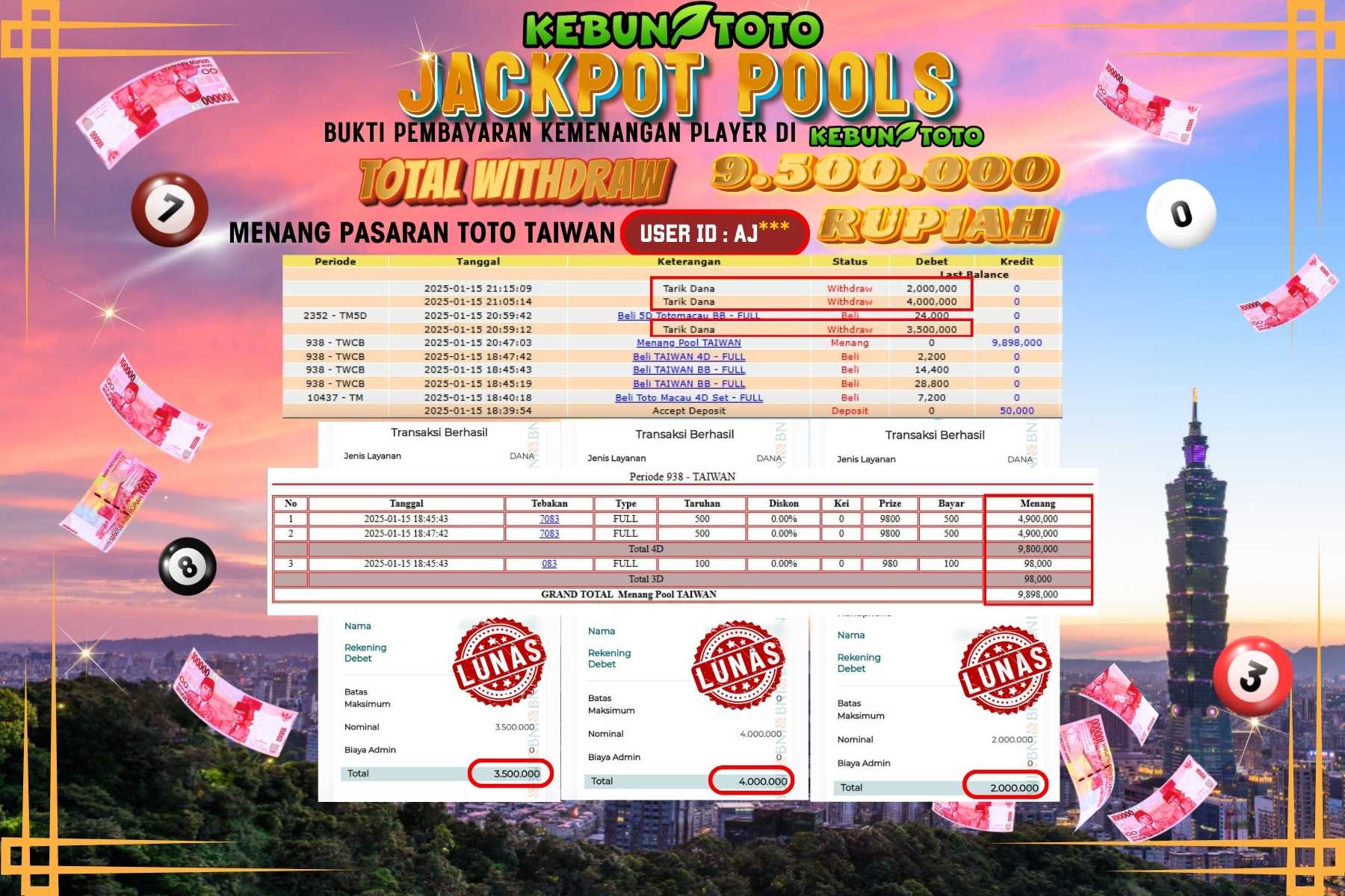 KEBUNTOTO JACKPOT TOTO TAIWAN POOLS , Sebesar Rp.9.500.000,- LUNAS
