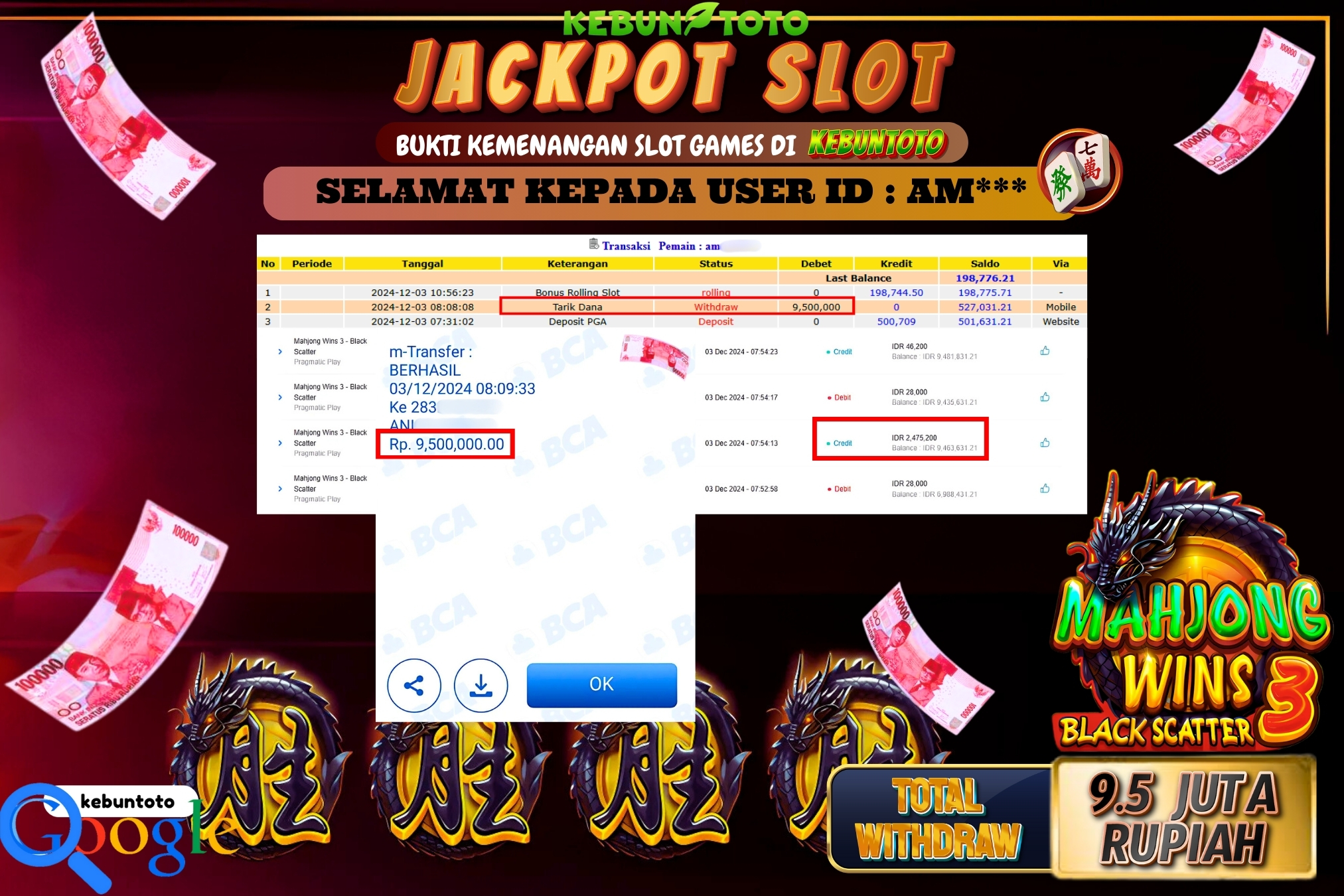 KEBUNTOTO JACKPOT SLOT MAHJONG WINS BLACK SCATTER 3 Rp.9.500.000,- LUNAS