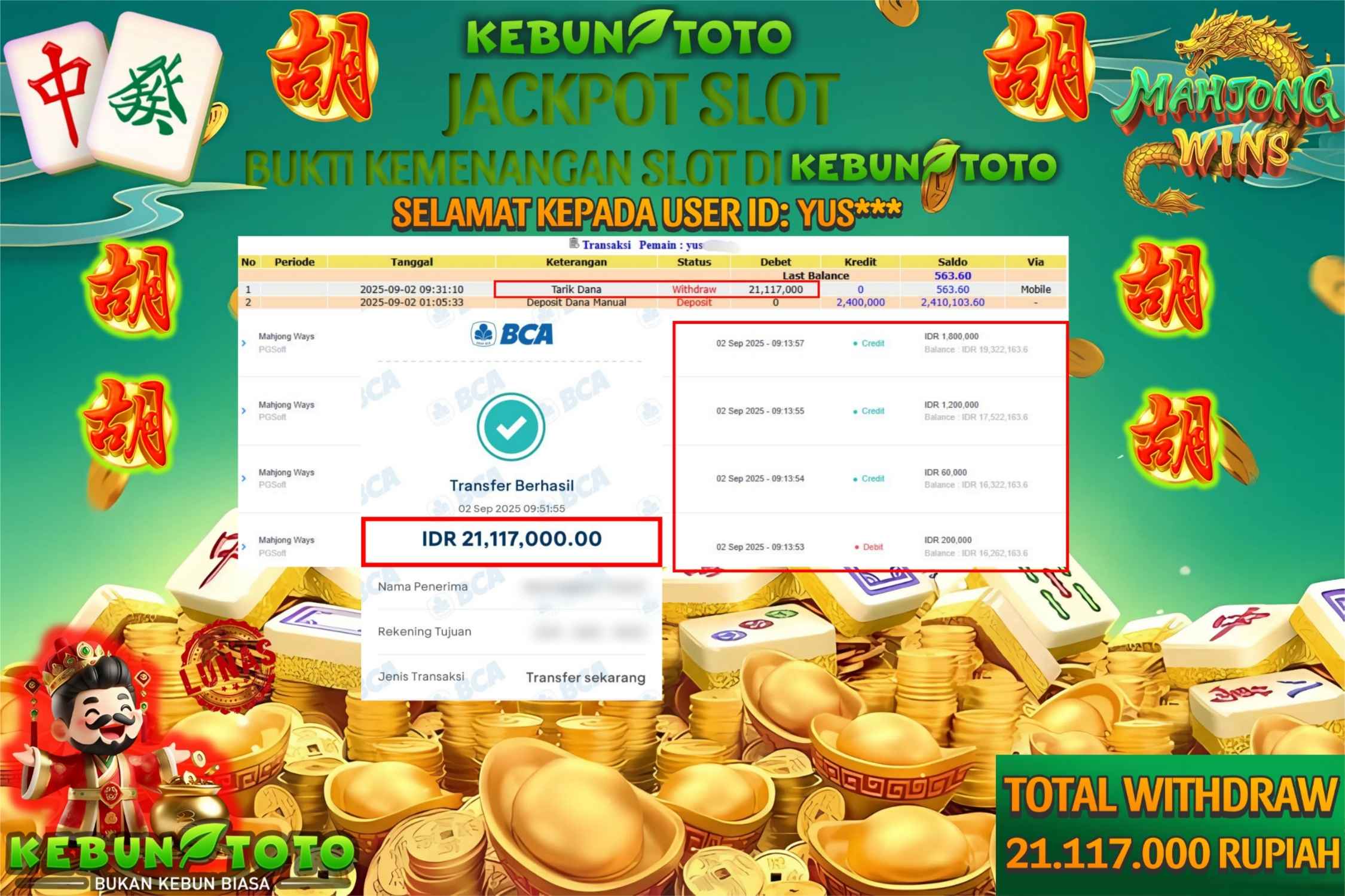 Bukti Kemenangan Rp 21.117.000 SLOT MAHJONG WAYS di KEBUNTOTO!