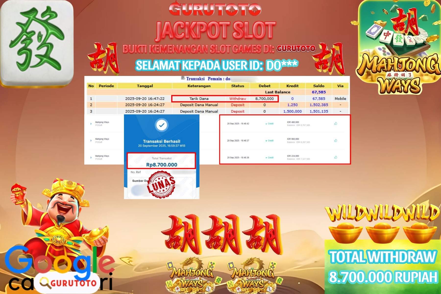Bukti Kemenangan Rp 8.700.000 SLOT MAHJONG WAYS di GURUTOTO!