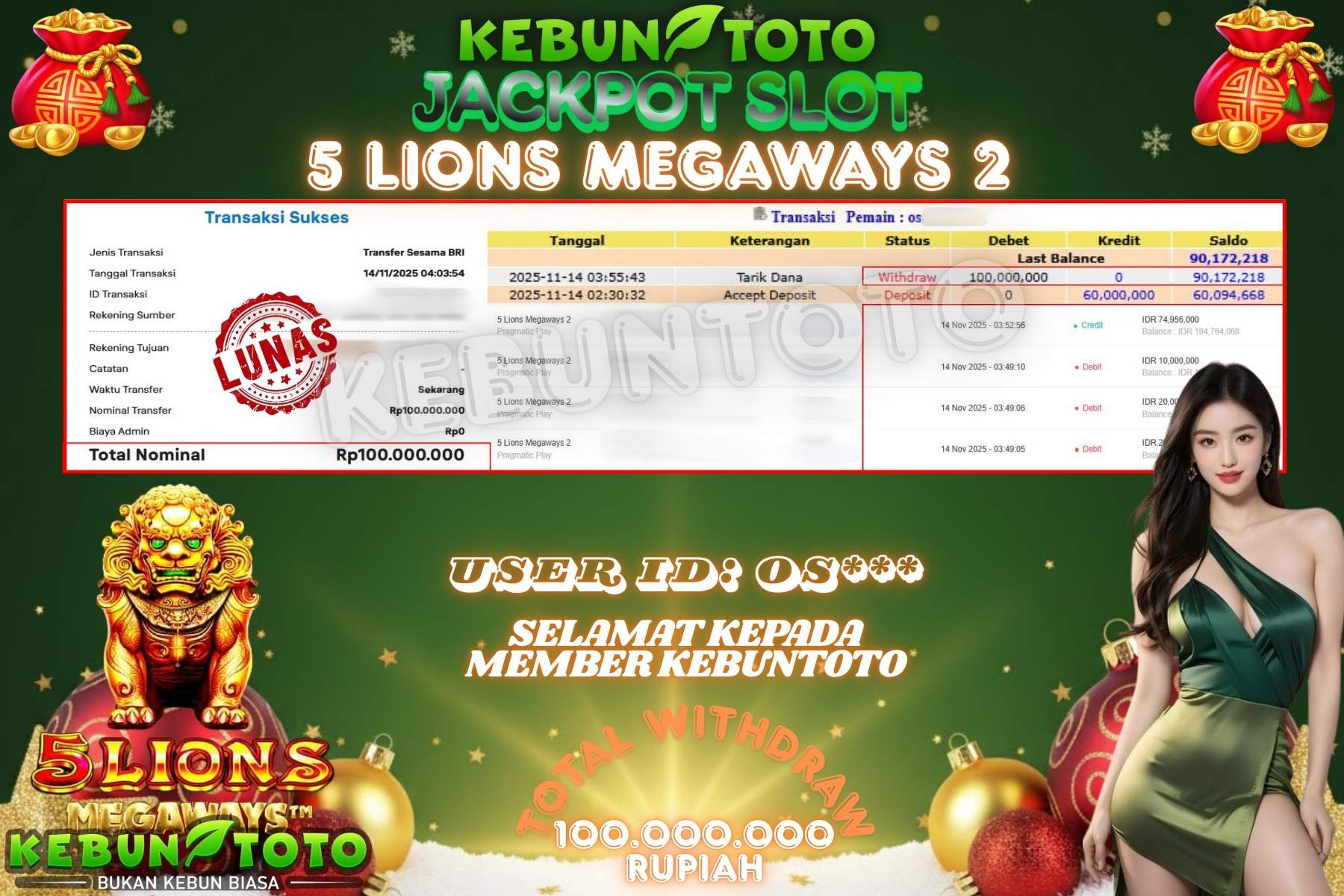 Bukti Kemenangan Rp 100.000.000 SLOT 5 LIONS MEGAWAYS 2 di KEBUNTOTO!
