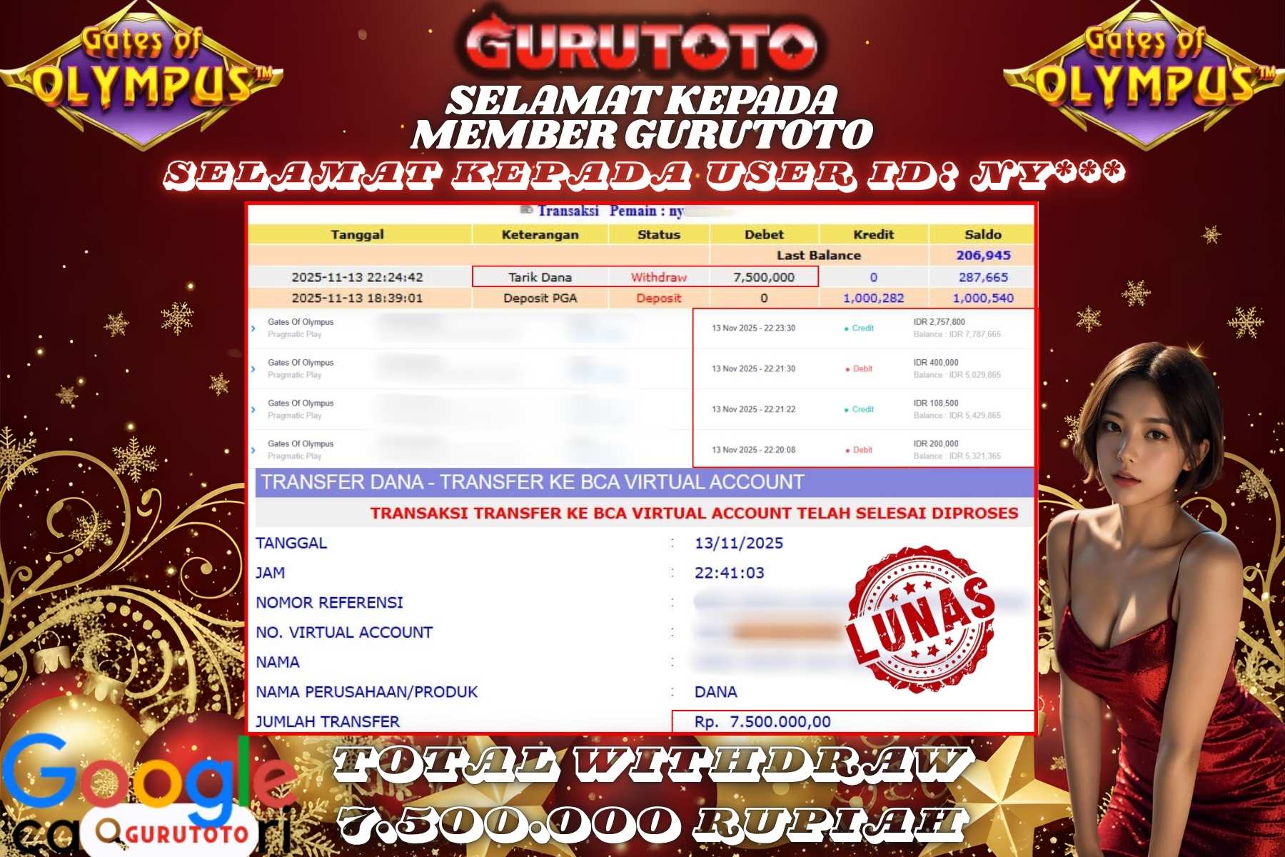 Bukti Kemenangan Rp 7.500.000 SLOT GATES OF OLYMPUS di GURUTOTO!