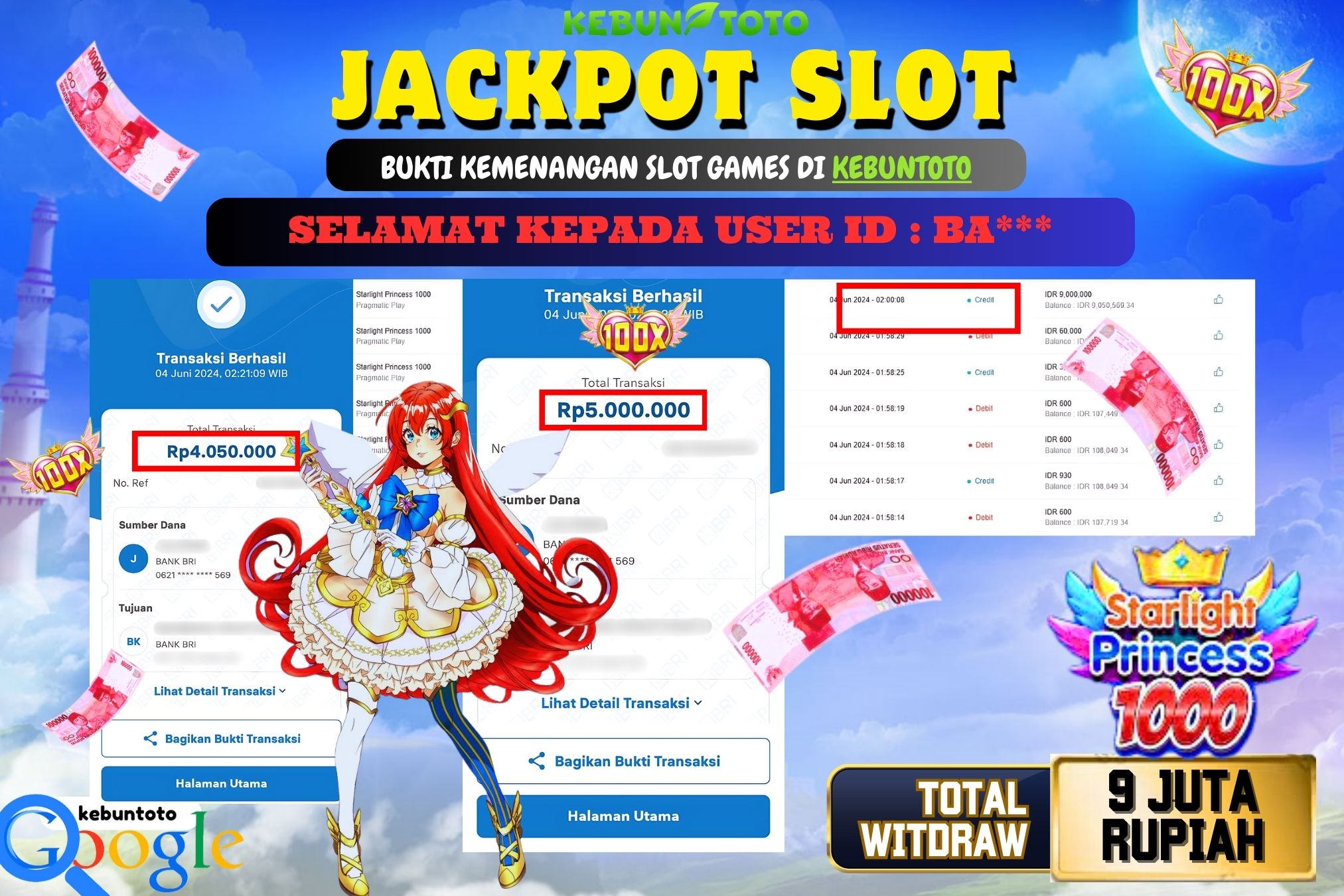 KEBUNTOTO JACKPOT SLOT STARLIGHT PRINCESS 1000 Rp.9.050.000,- LUNAS