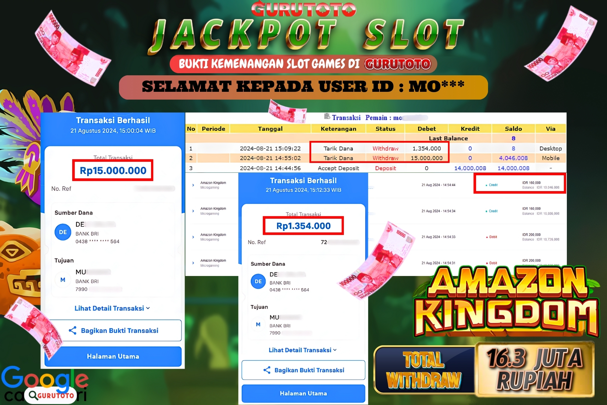 Jackpot Slot Amazon Kingdom di Gurutoto sebesar Rp.16.300.000 dibayar lunas.