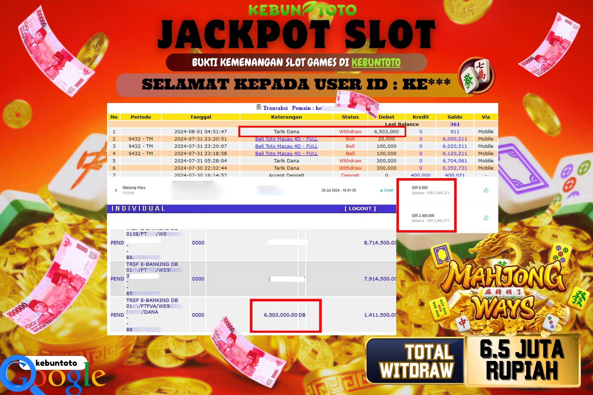 KEBUNTOTO JACKPOT SLOT MAHJONG WAYS Rp.6.503.000,- LUNAS