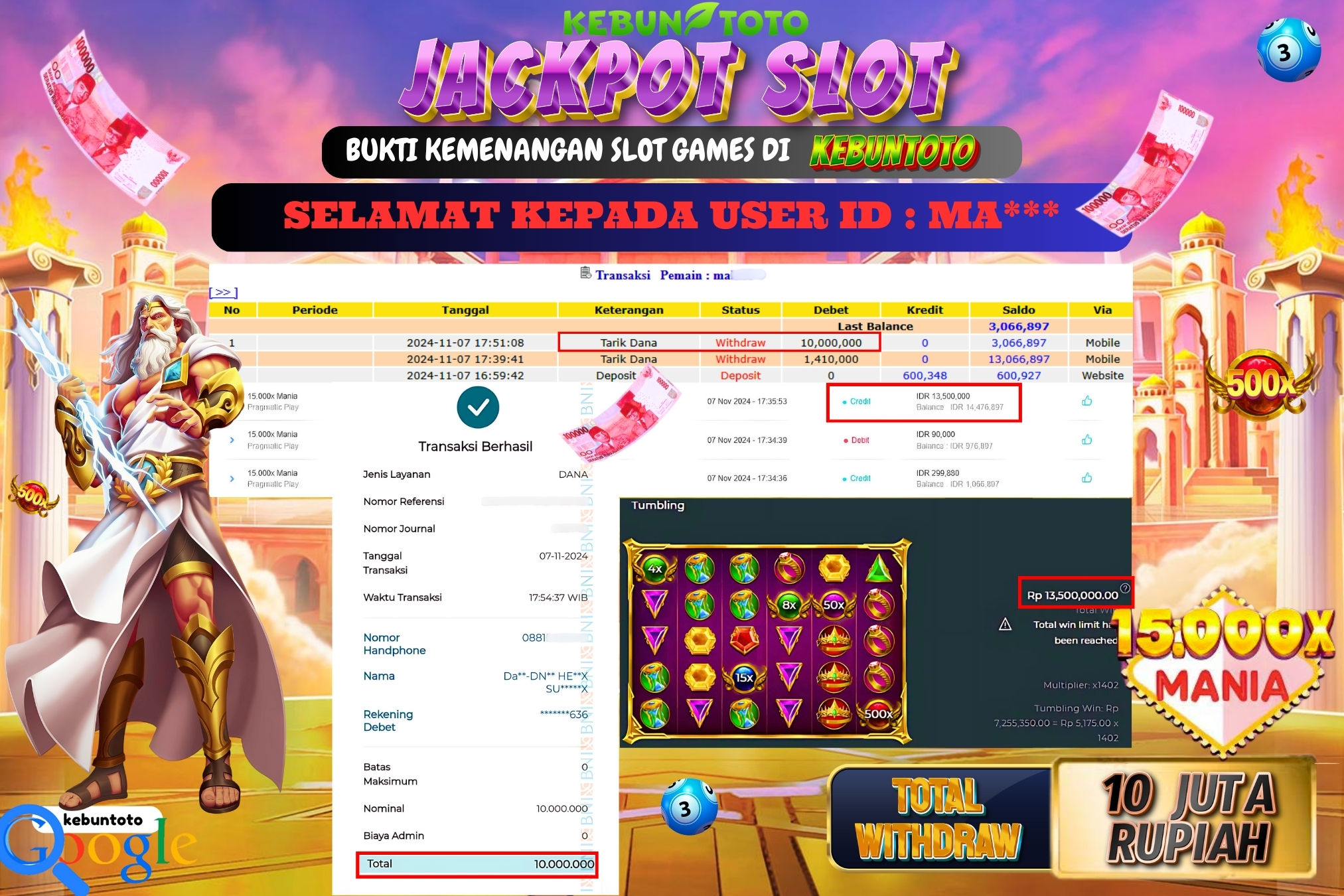 KEBUNTOTO JACKPOT SLOT 15.000x MANIA Rp.10.000.000,- LUNAS