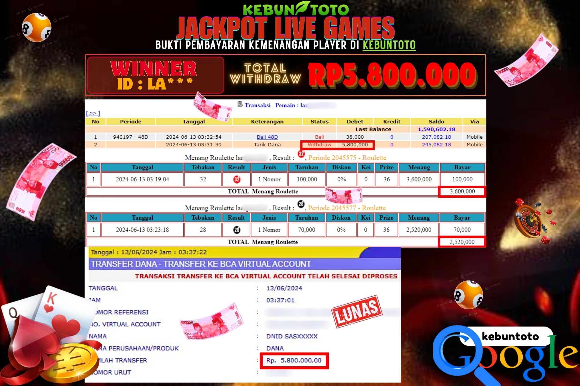 KEBUNTOTO JACKPOT LIVE GAMES ROULETTE Rp.5.800.000,- LUNAS